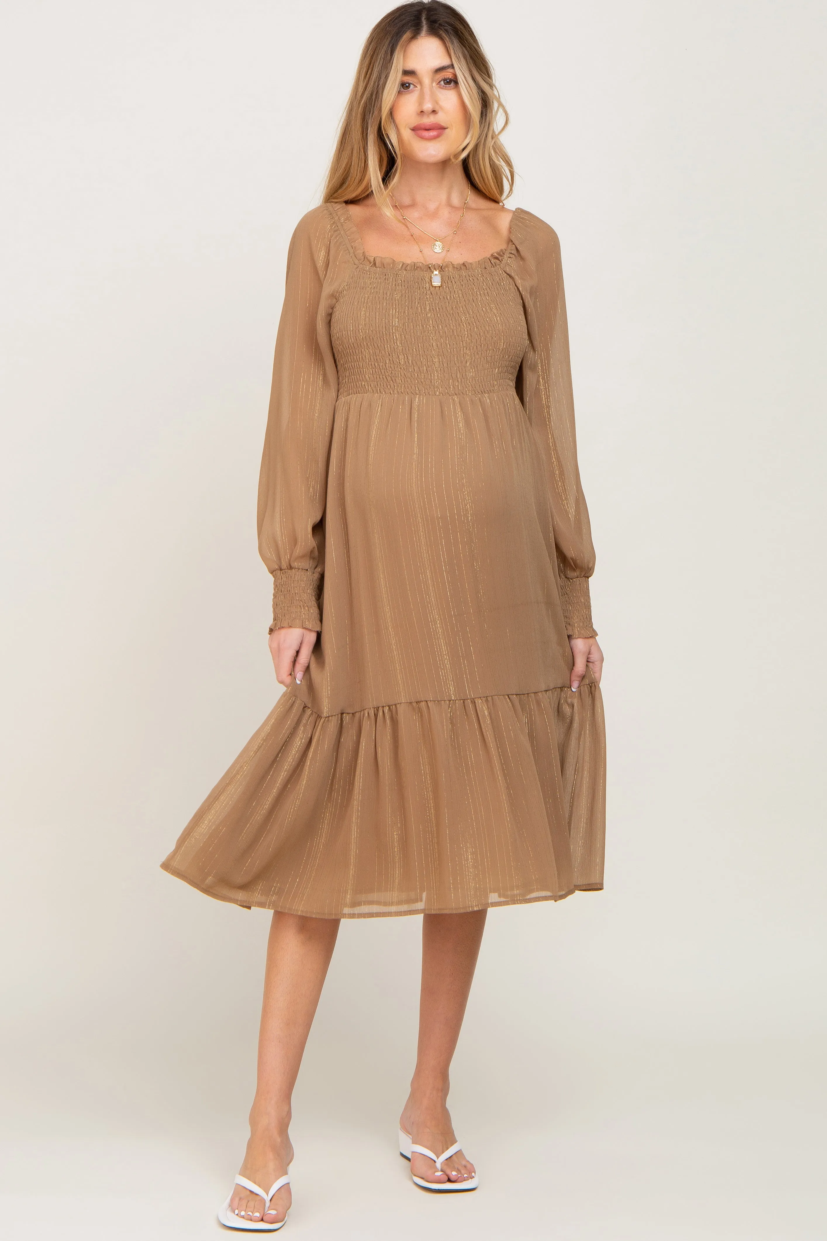Mocha Shimmer Smocked Long Sleeve Maternity Dress sold by Pinkblush