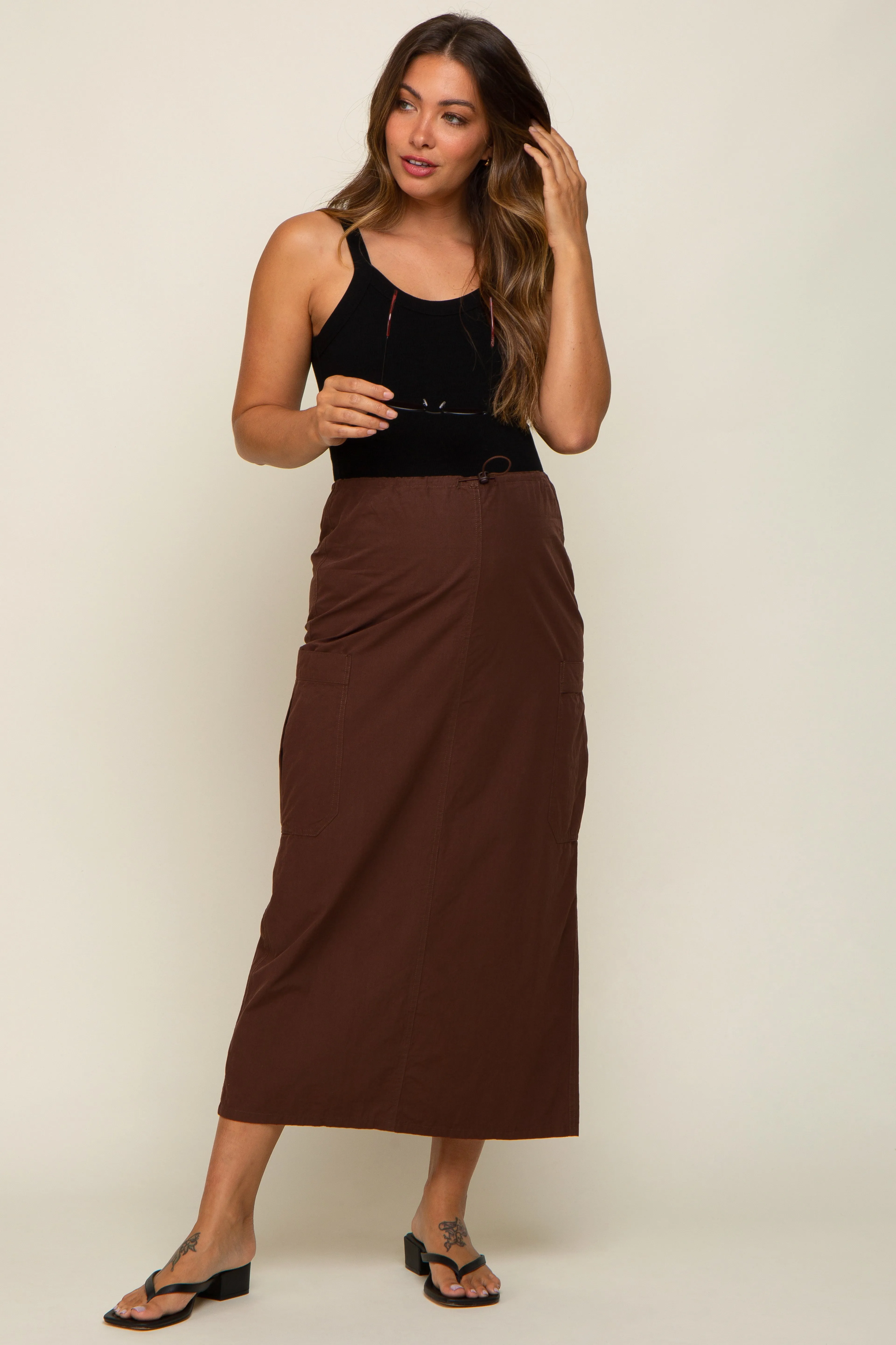 Brown Drawstring Pocket Maternity Maxi Skirt sold by Pinkblush