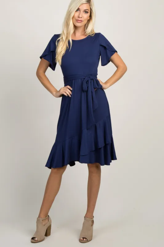 Navy Blue Solid Flounce Trim Dress sold by Pinkblush