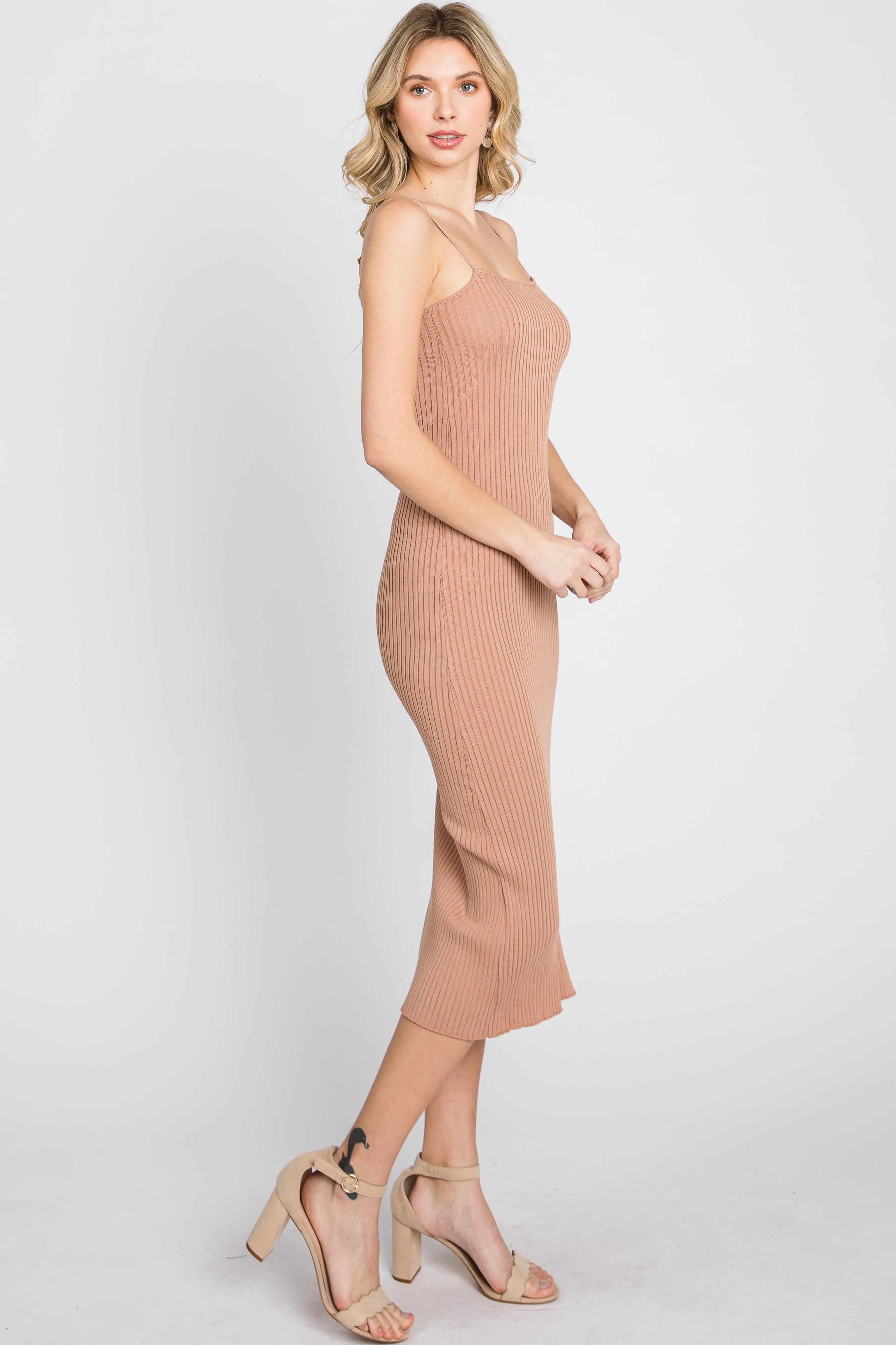 Mocha Ribbed Square Neck Side Slit Midi Dress sold by Pinkblush product image thumbnail 9