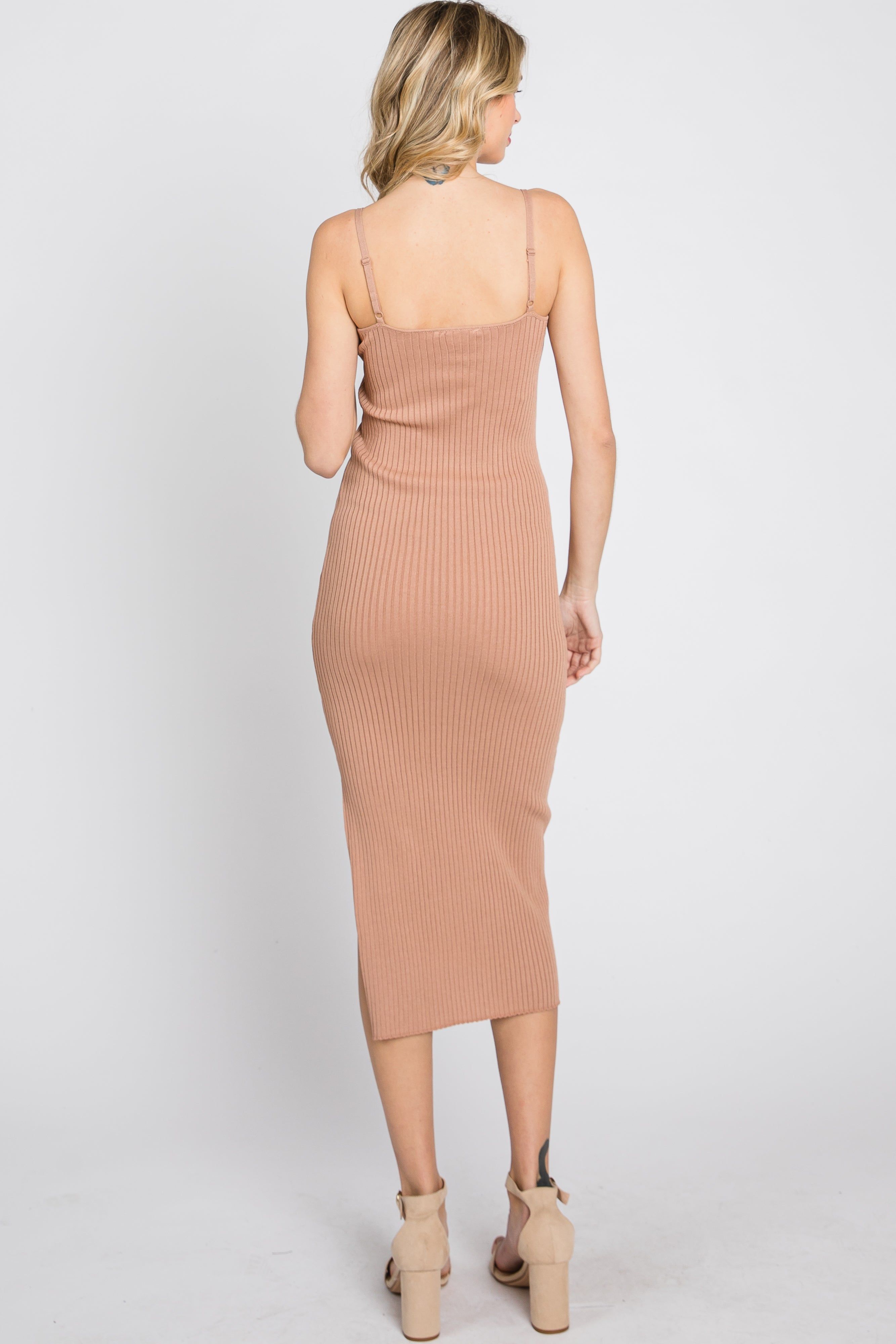 Mocha Ribbed Square Neck Side Slit Midi Dress sold by Pinkblush product image thumbnail 7