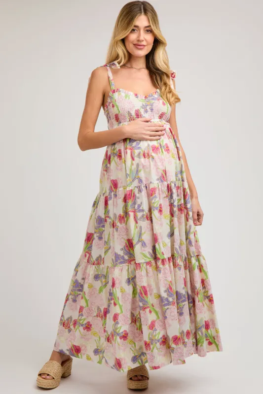 Ivory Multi-Color Floral Smocked Tiered Maternity Maxi Dress sold by Pinkblush