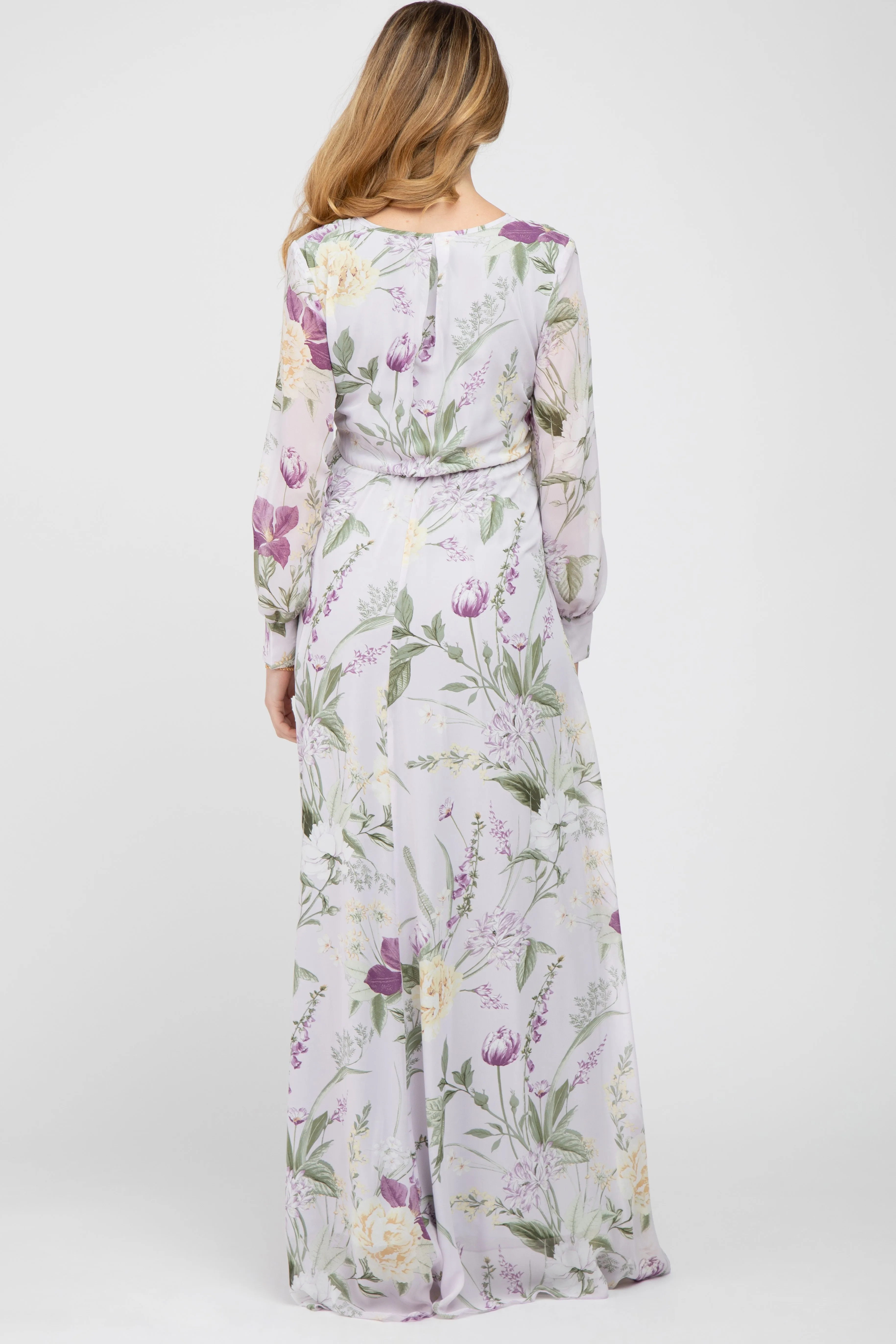 Lavender Floral Chiffon Long Sleeve Pleated Maternity Maxi Dress sold by Pinkblush product image thumbnail 3