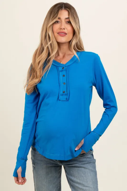 Blue Long Sleeve Exposed Seam Maternity Top sold by Pinkblush