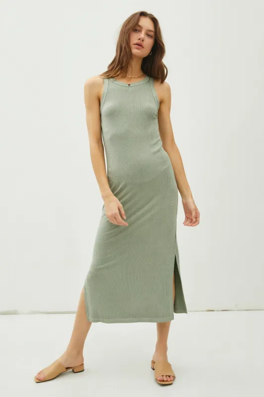 Light Olive Ribbed Knit Side Slit Sleeveless Dress sold by Pinkblush