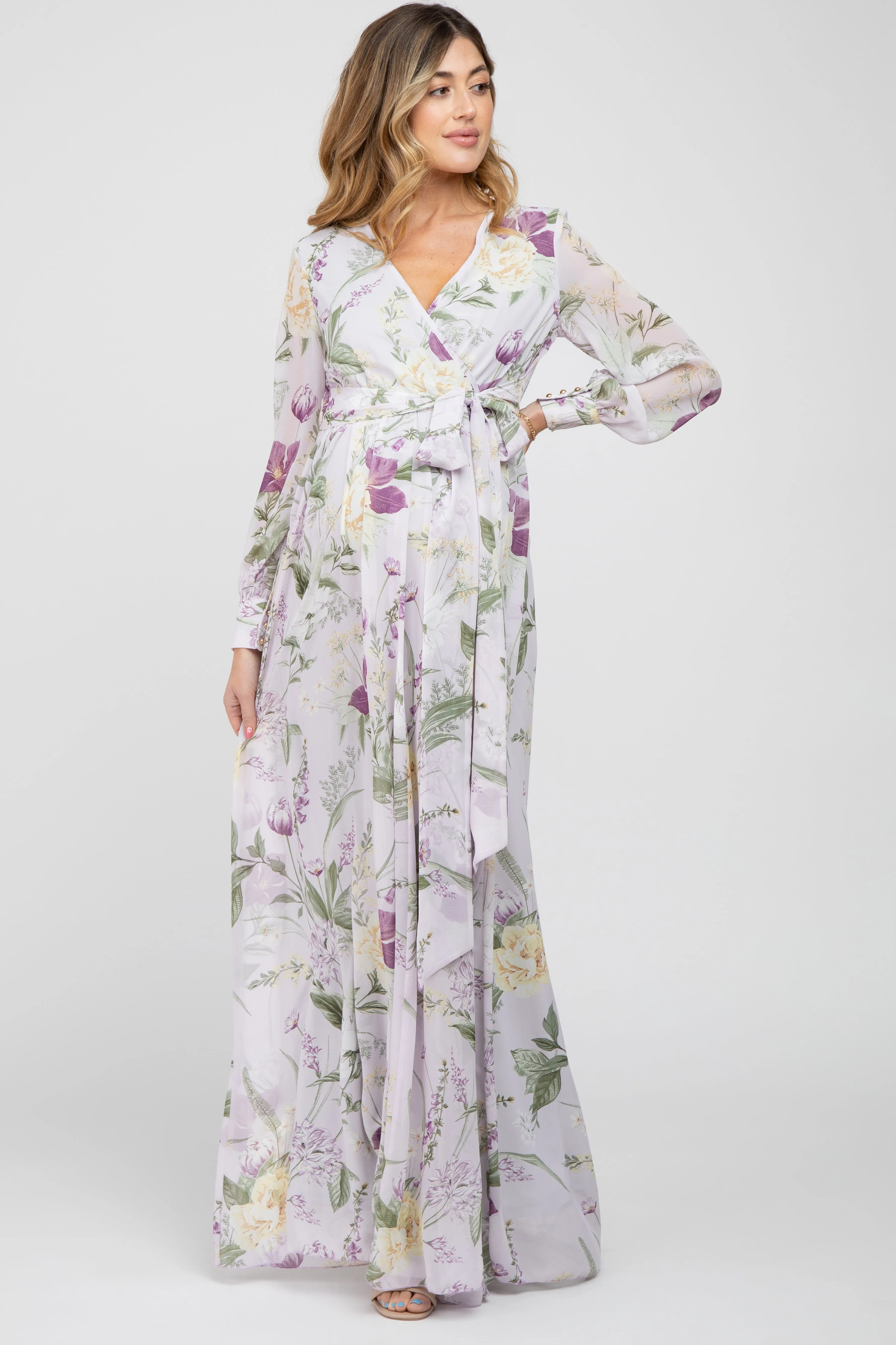 Lavender Floral Chiffon Long Sleeve Pleated Maternity Maxi Dress sold by Pinkblush