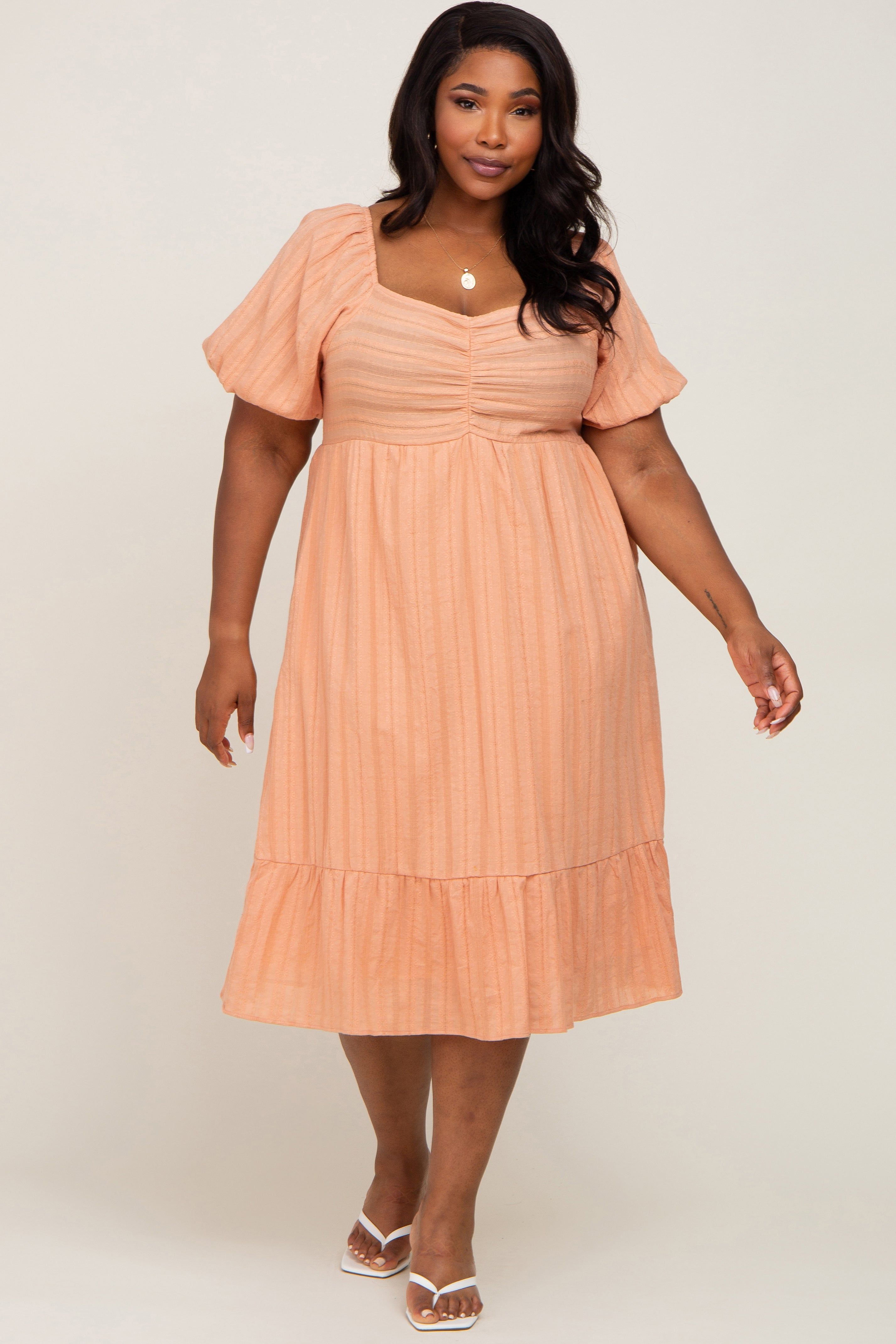 Peach Textured Sweetheart Plus Midi Dress sold by Pinkblush
