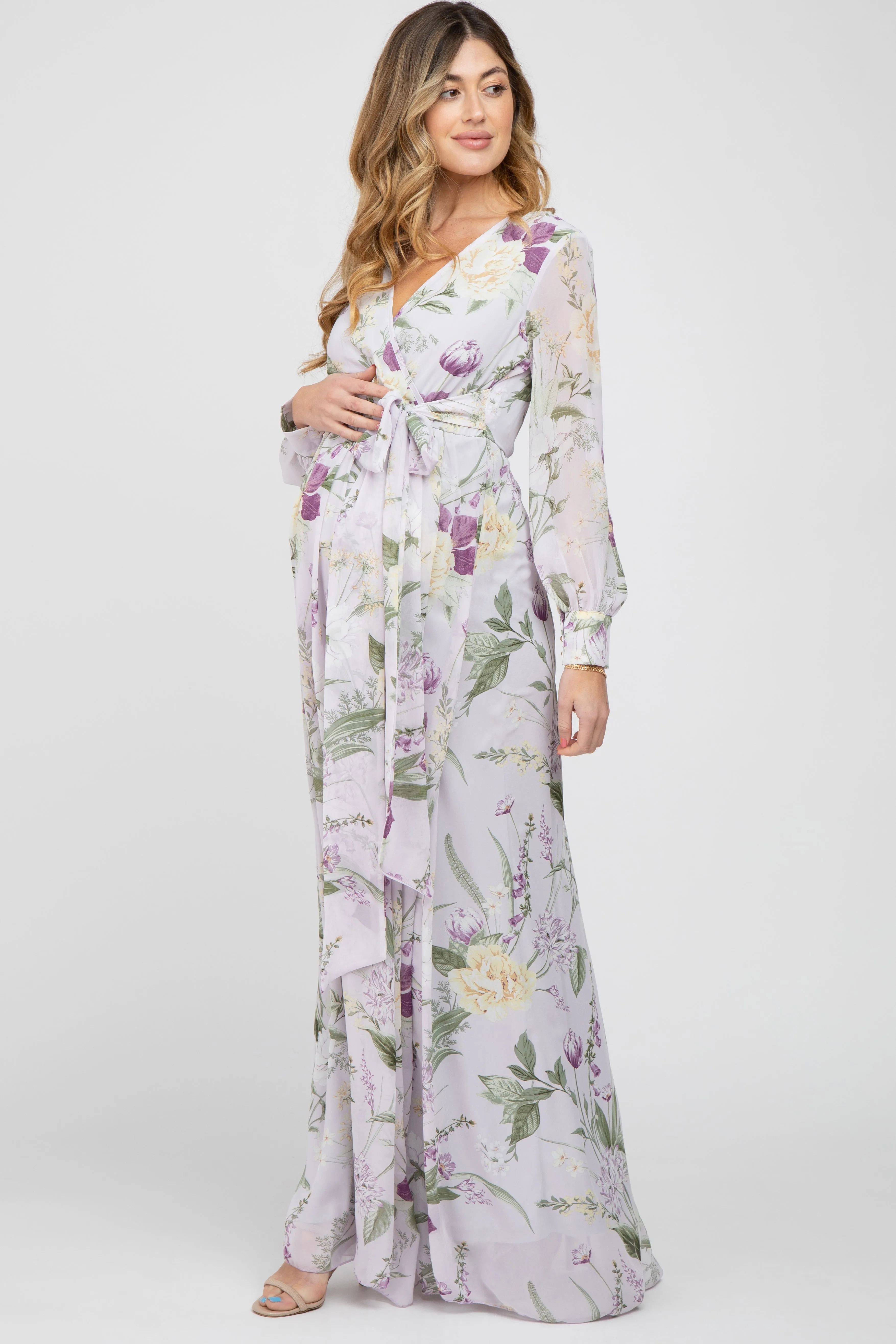 Lavender Floral Chiffon Long Sleeve Pleated Maternity Maxi Dress sold by Pinkblush product image thumbnail 2