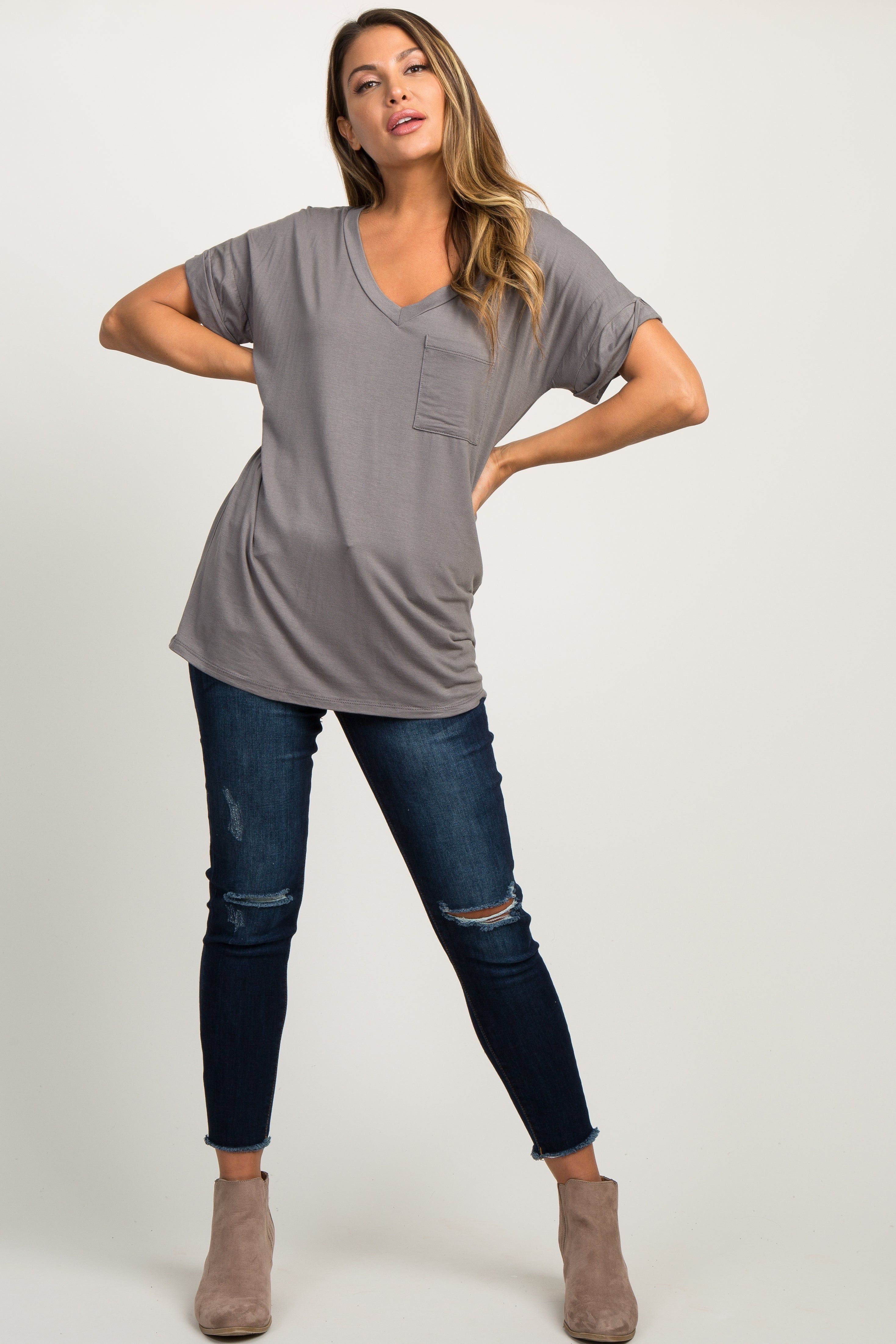 Charcoal Grey Basic V-Neck Pocket Top sold by Pinkblush product image thumbnail 4