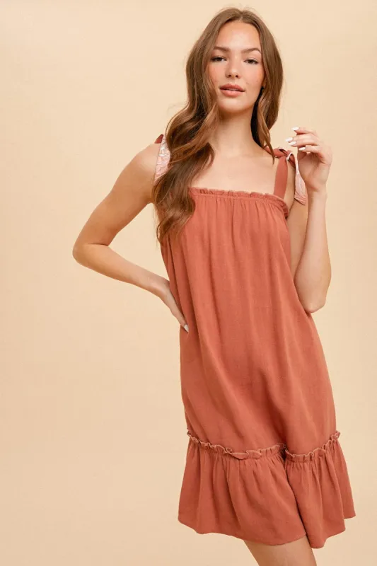 Rust Ruffle Hem Mini Dress sold by Pinkblush