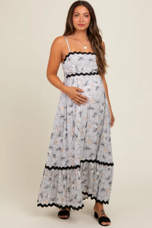 Taupe Floral Wavy Trim Maternity Maxi Dress sold by Pinkblush