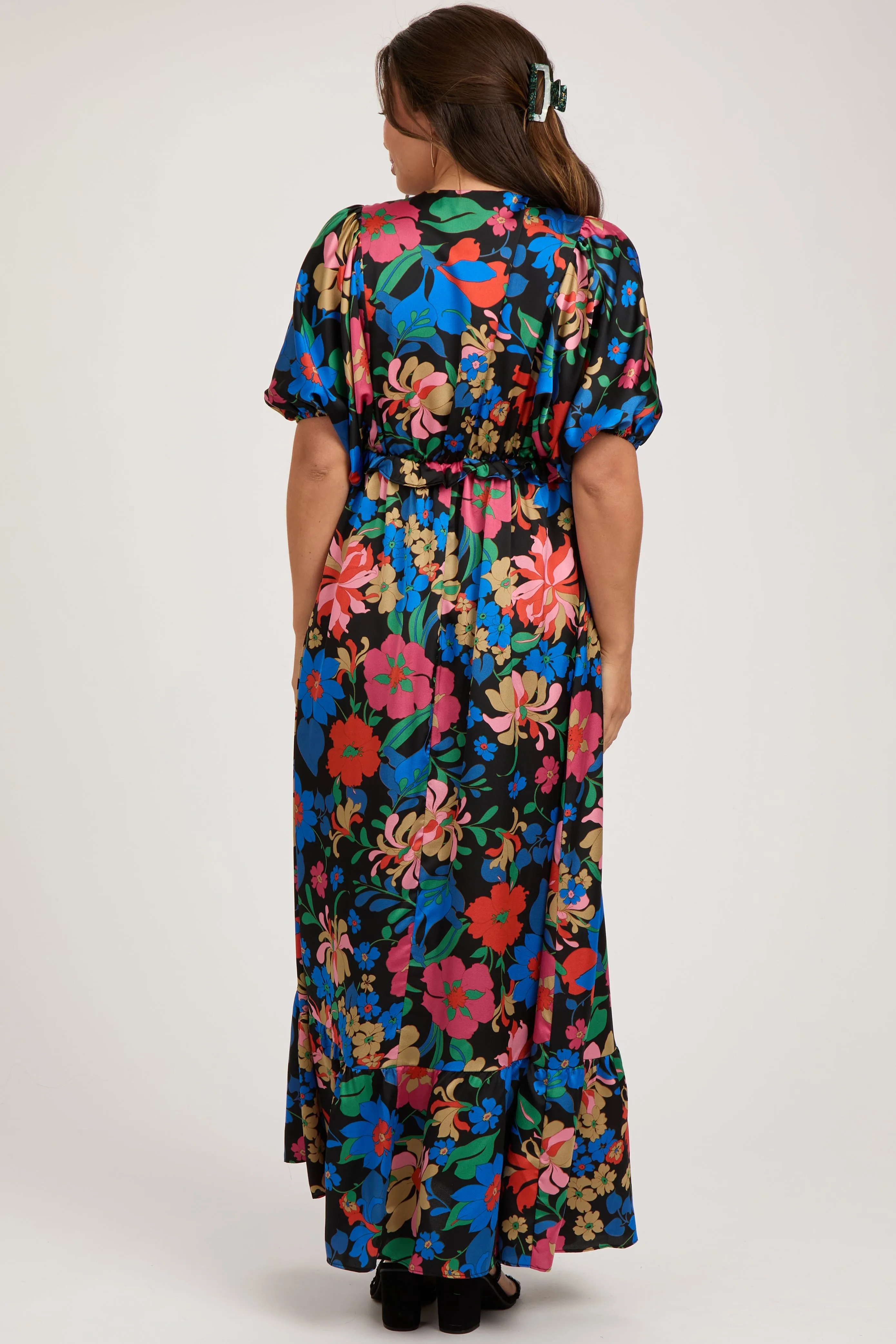 Black Floral Satin Deep V-Neck Puff Sleeve Maternity Maxi Dress sold by Pinkblush product image thumbnail 4