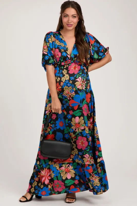 Black Floral Satin Deep V-Neck Puff Sleeve Maternity Maxi Dress sold by Pinkblush