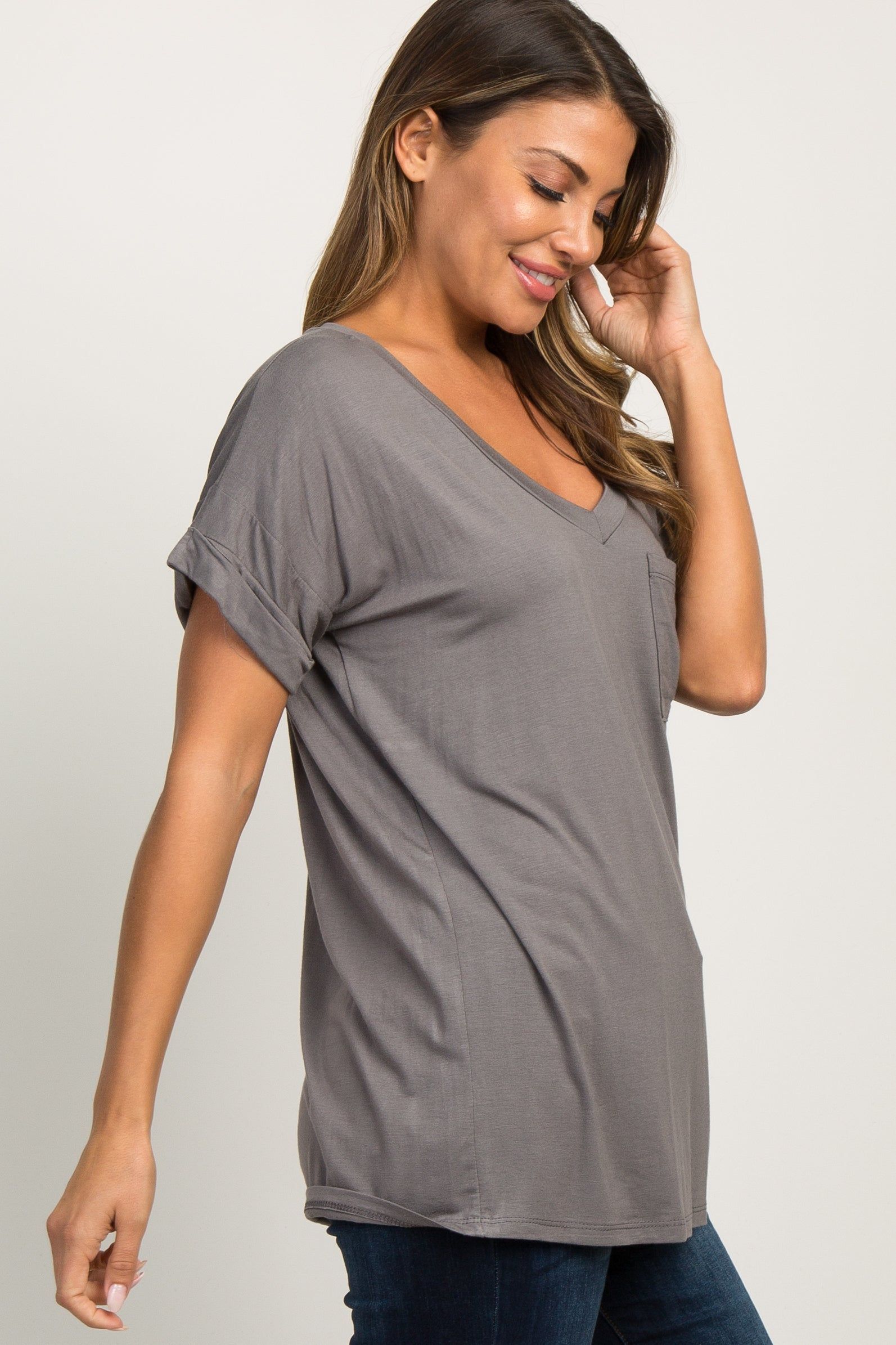 Charcoal Grey Basic V-Neck Pocket Top sold by Pinkblush product image thumbnail 2