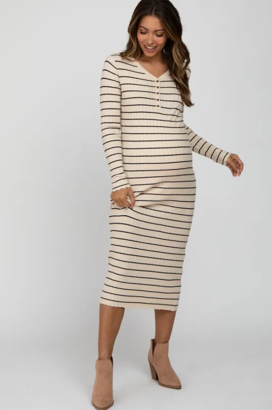 Cream Ribbed Striped Maternity Midi Dress sold by Pinkblush