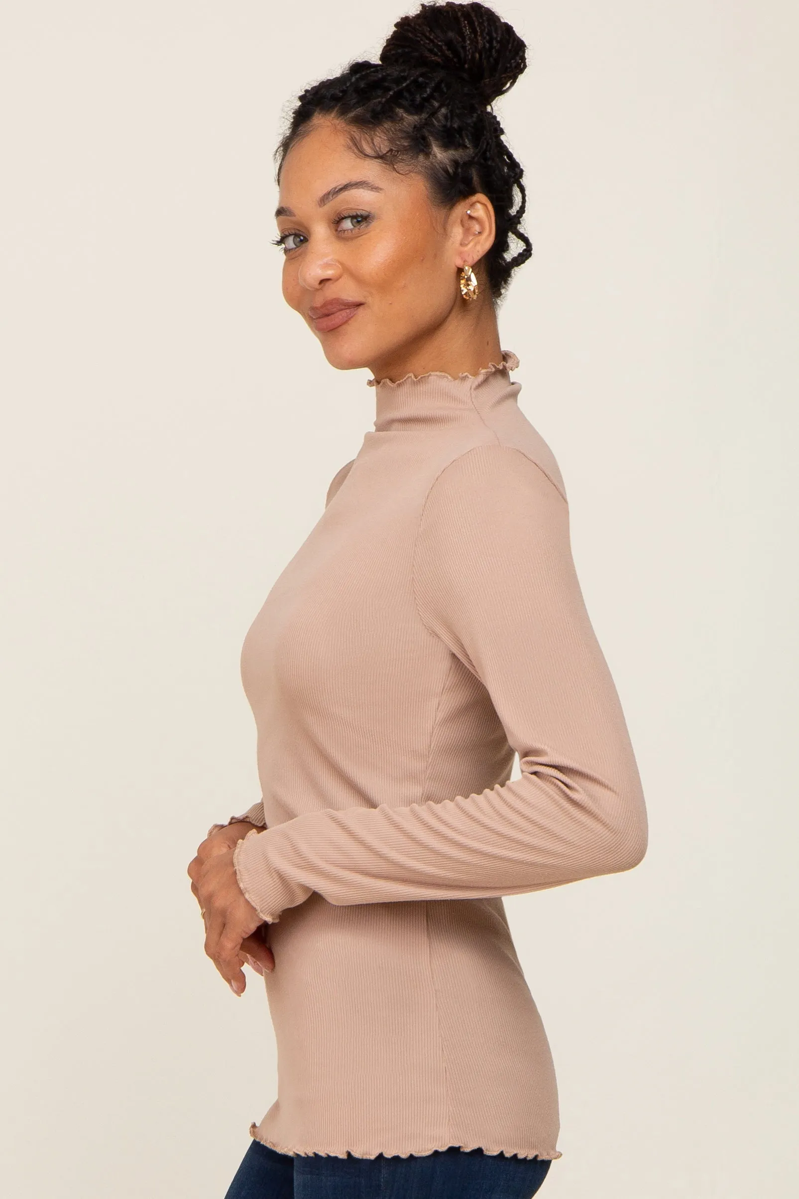 Taupe Ribbed Mock Neck Lettuce Trim Long Sleeve Top sold by Pinkblush product image thumbnail 2