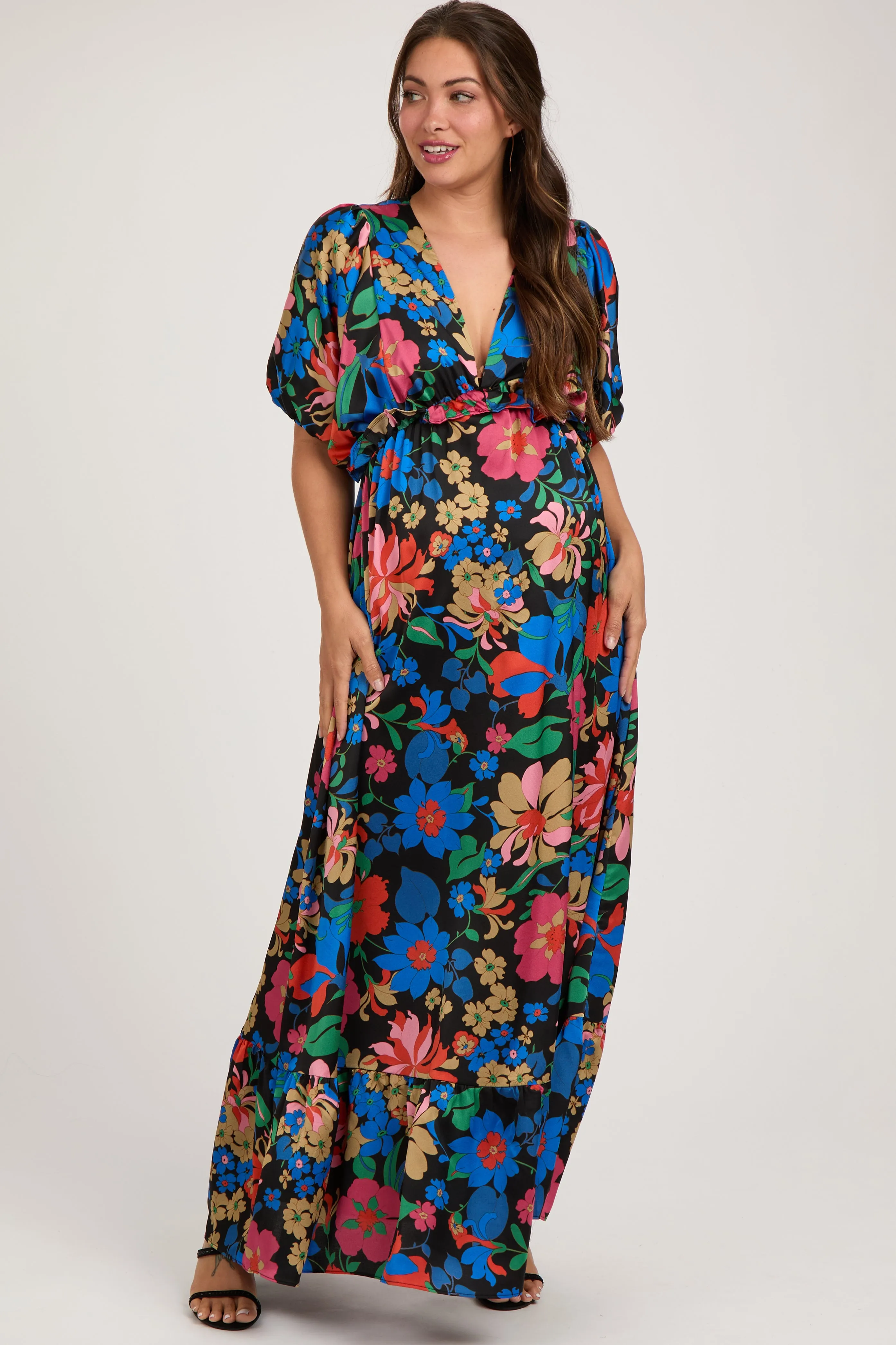 Black Floral Satin Deep V-Neck Puff Sleeve Maternity Maxi Dress sold by Pinkblush product image thumbnail 2