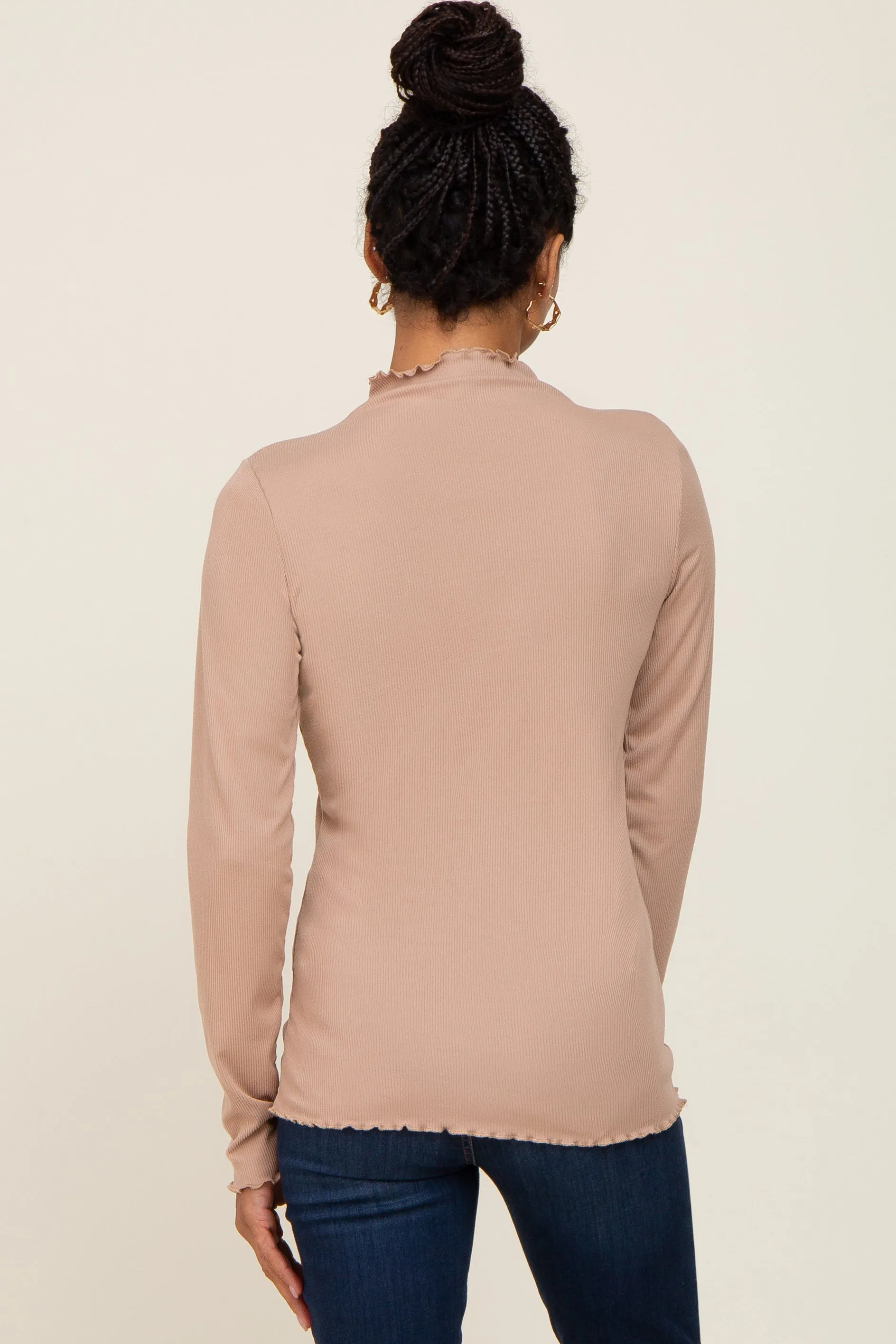 Taupe Ribbed Mock Neck Lettuce Trim Long Sleeve Top sold by Pinkblush product image thumbnail 3
