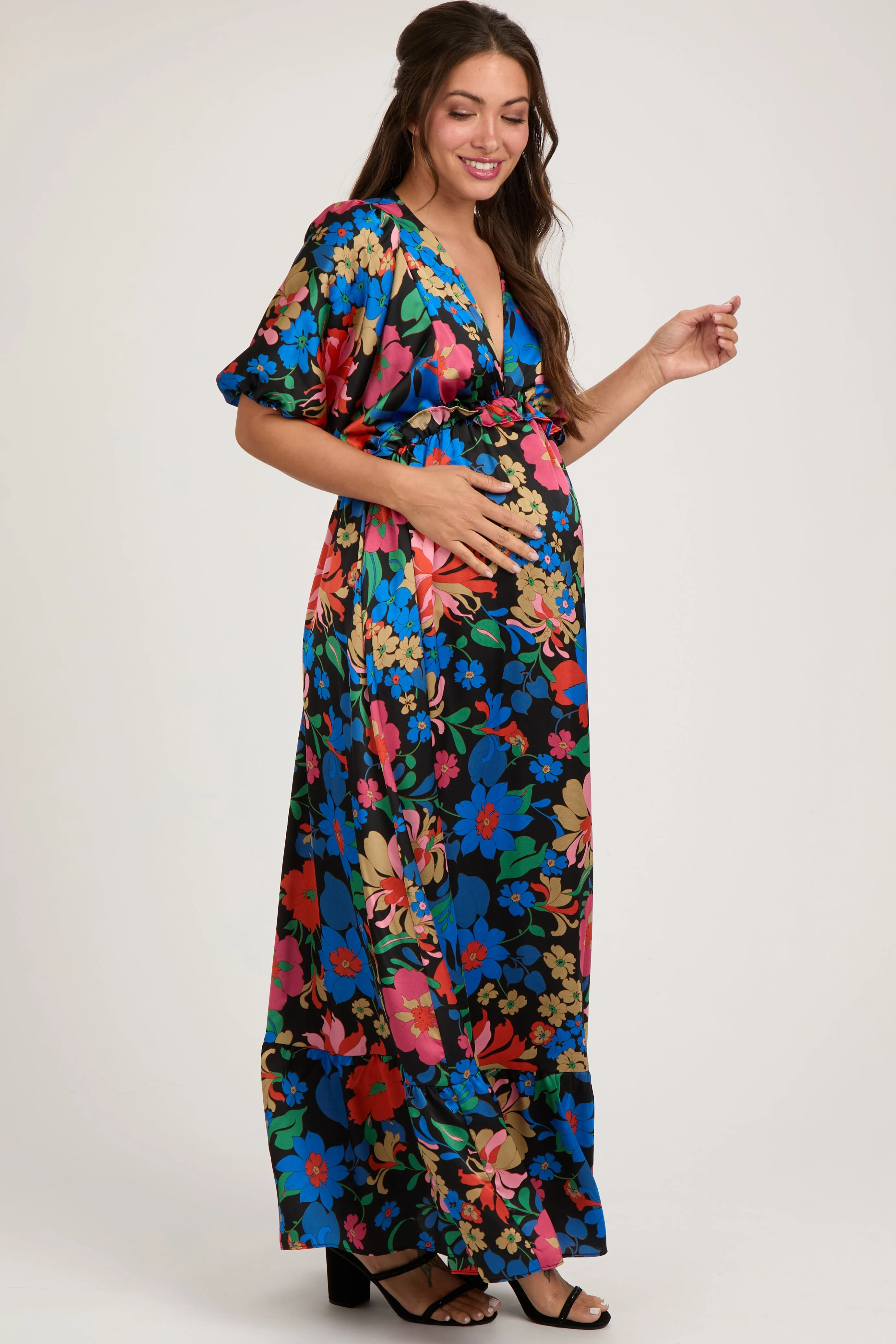 Black Floral Satin Deep V-Neck Puff Sleeve Maternity Maxi Dress sold by Pinkblush product image thumbnail 3