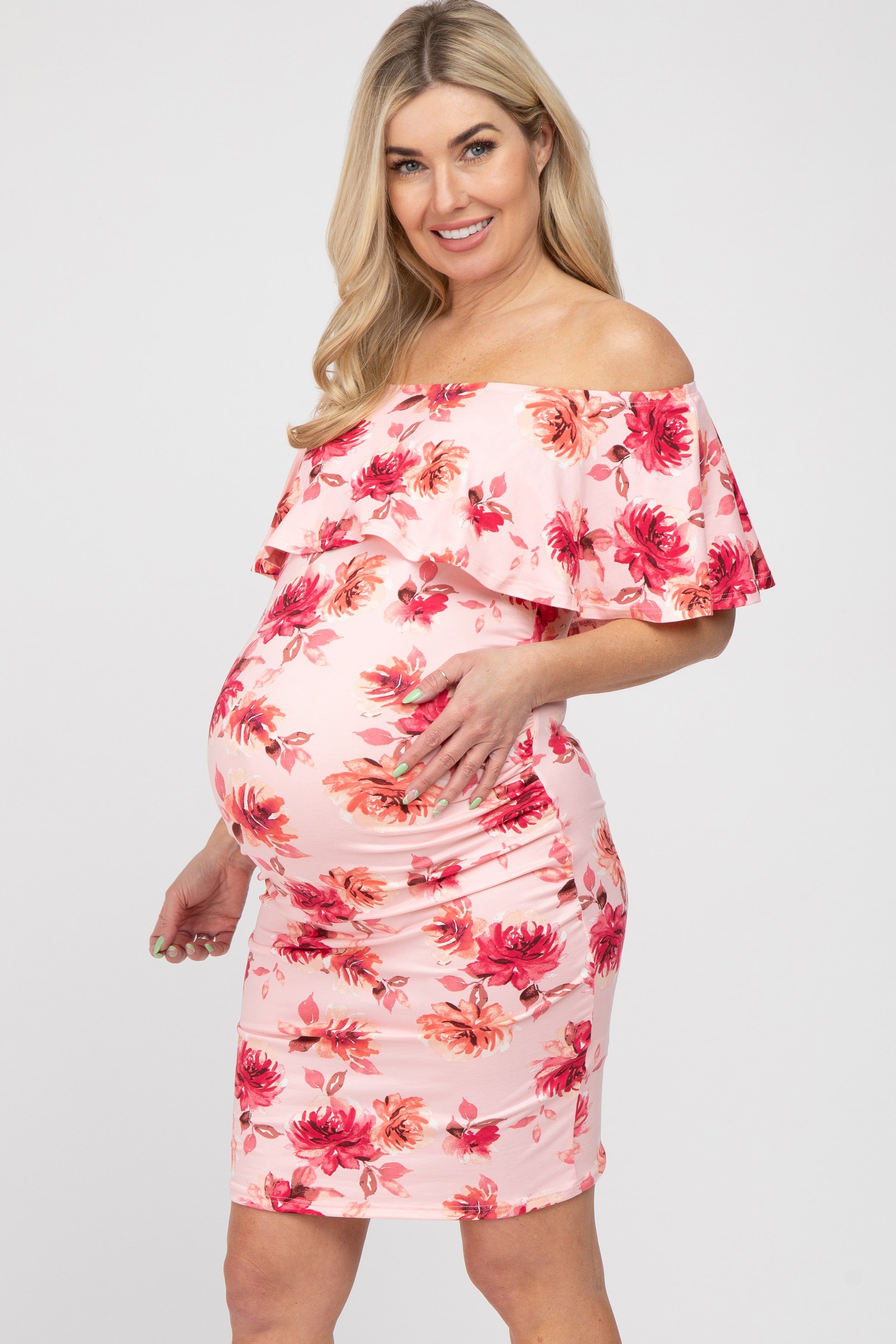 Pink Floral Off Shoulder Maternity Fitted Dress sold by Pinkblush product image thumbnail 2