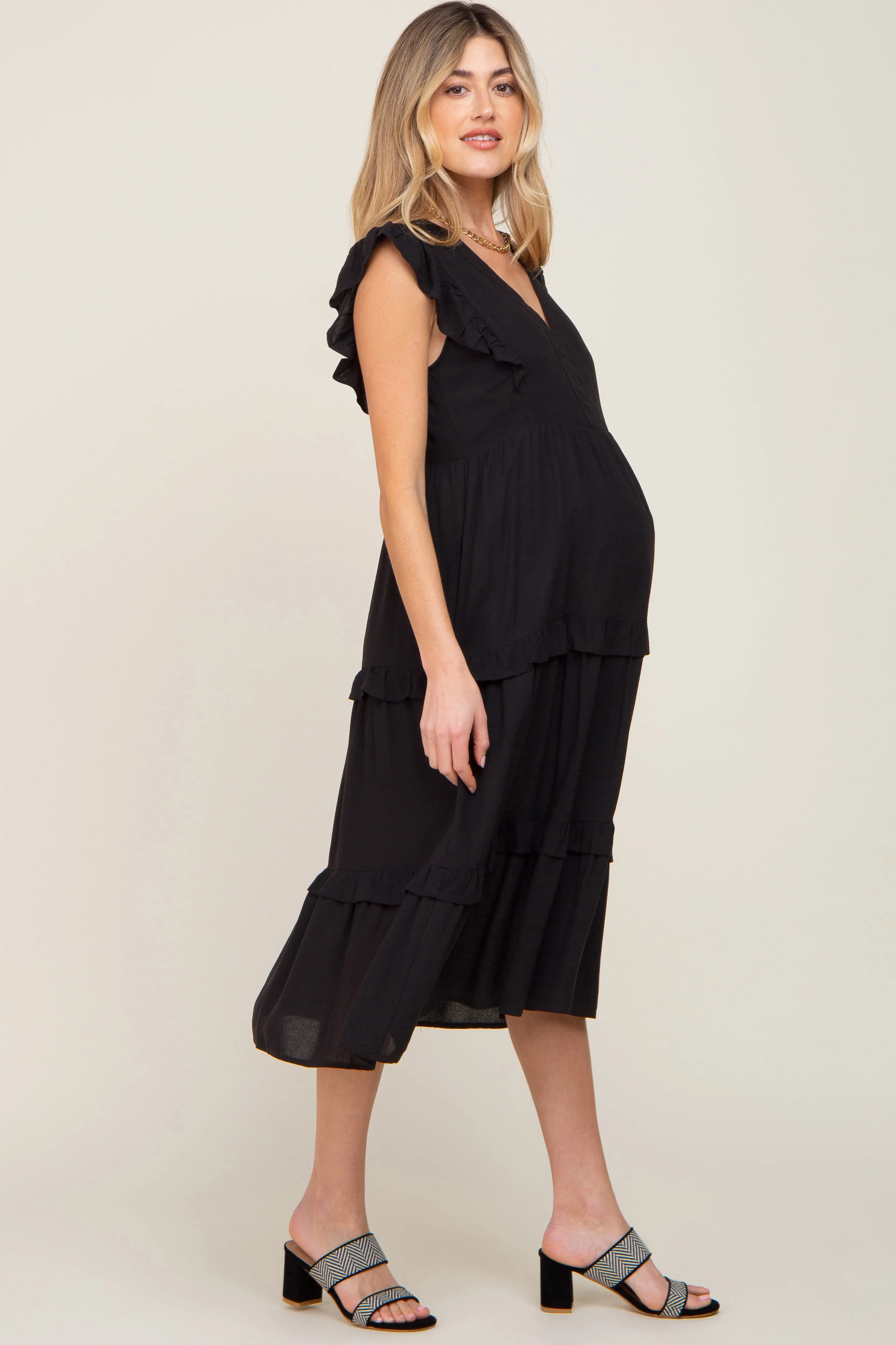 Black Ruffle Accent Tiered Maternity Midi Dress sold by Pinkblush product image thumbnail 3