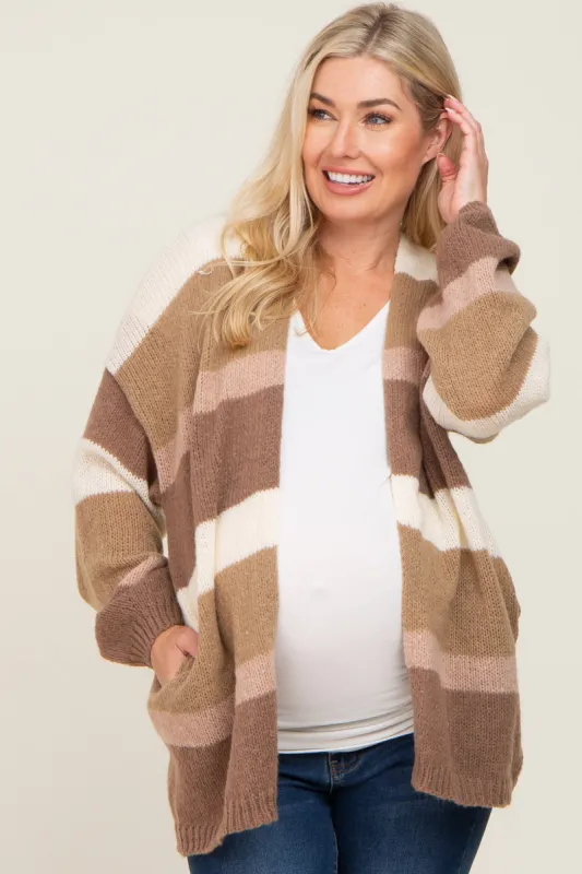 Mocha Striped Open Knit Maternity Cardigan sold by Pinkblush