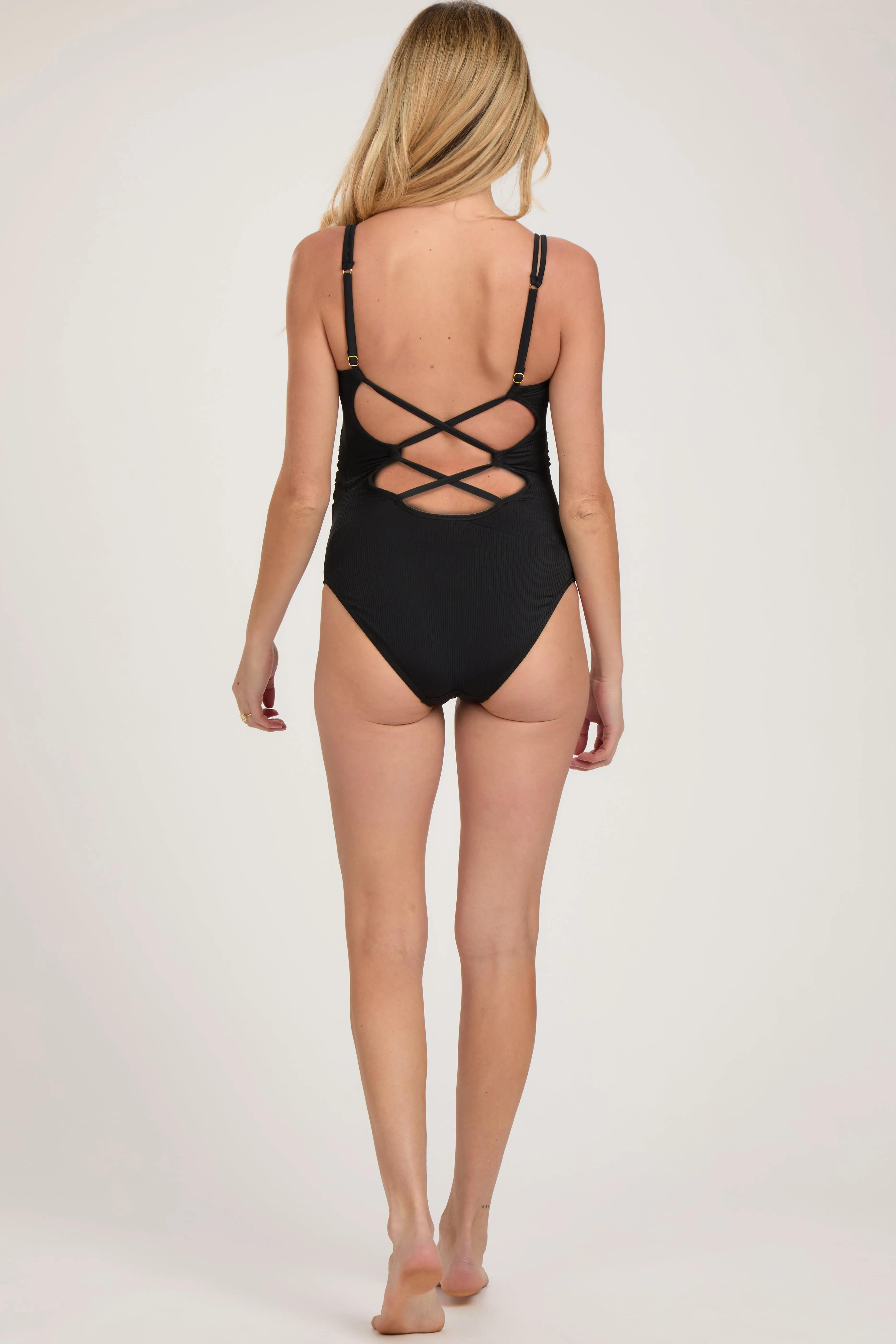 Black Ribbed V-Neck Lace-Up Back One-Piece Maternity Swimsuit sold by Pinkblush product image thumbnail 4