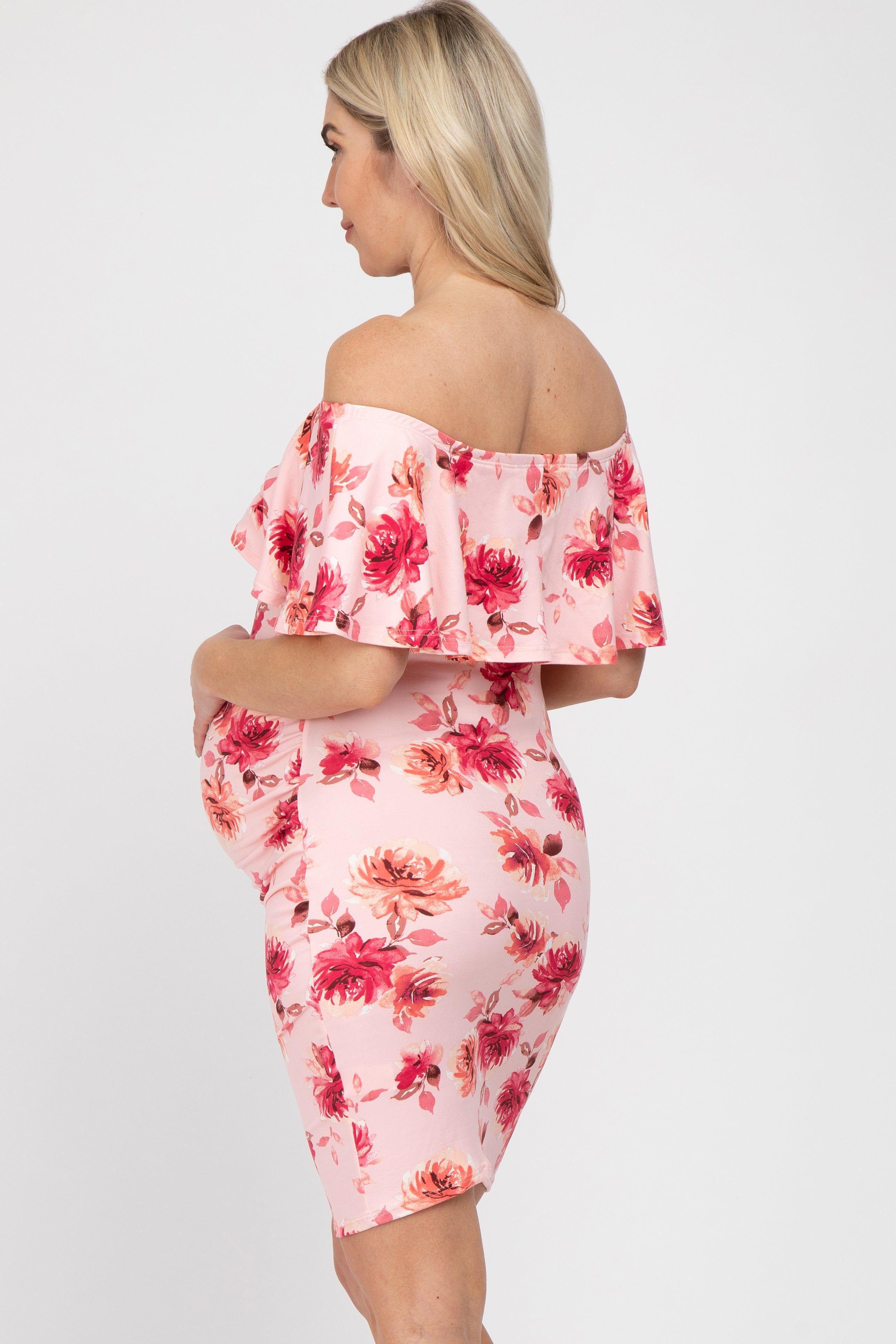 Pink Floral Off Shoulder Maternity Fitted Dress sold by Pinkblush product image thumbnail 3