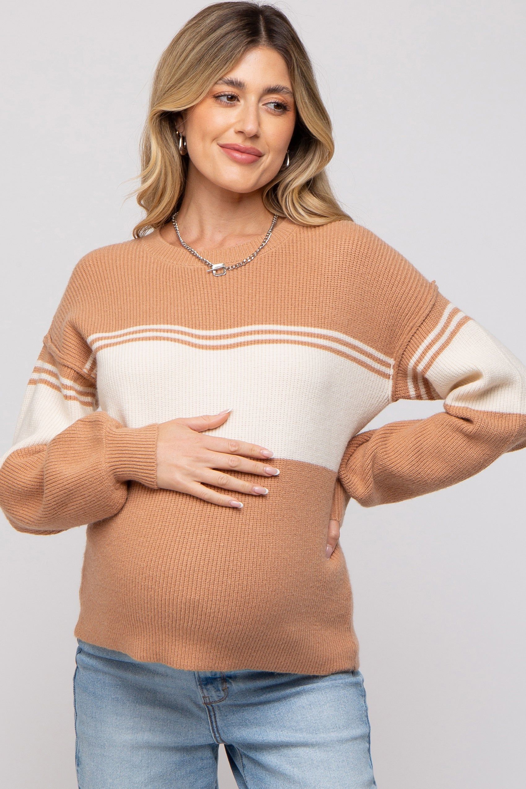 Camel Striped Colorblock Maternity Sweater sold by Pinkblush