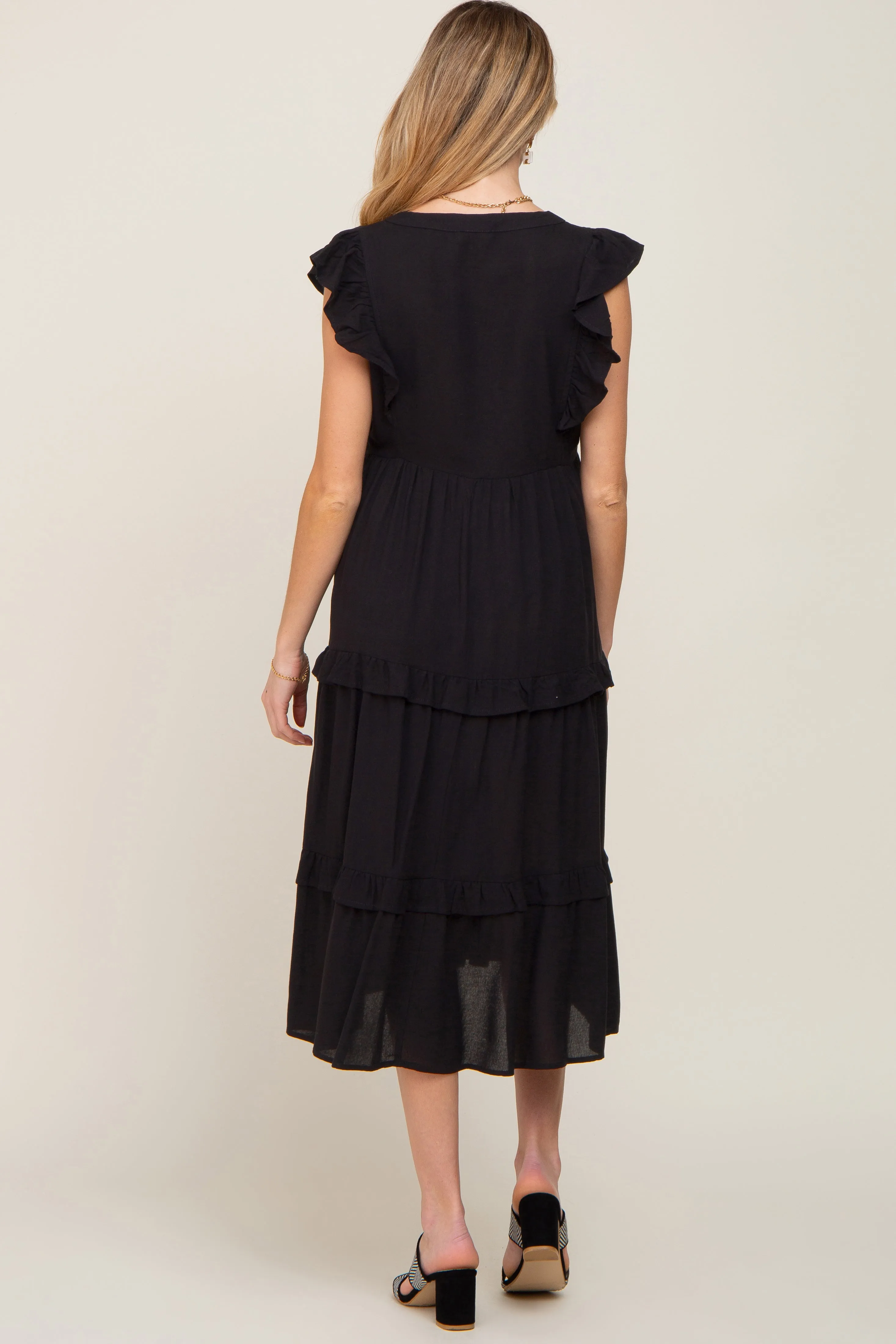 Black Ruffle Accent Tiered Maternity Midi Dress sold by Pinkblush product image thumbnail 4