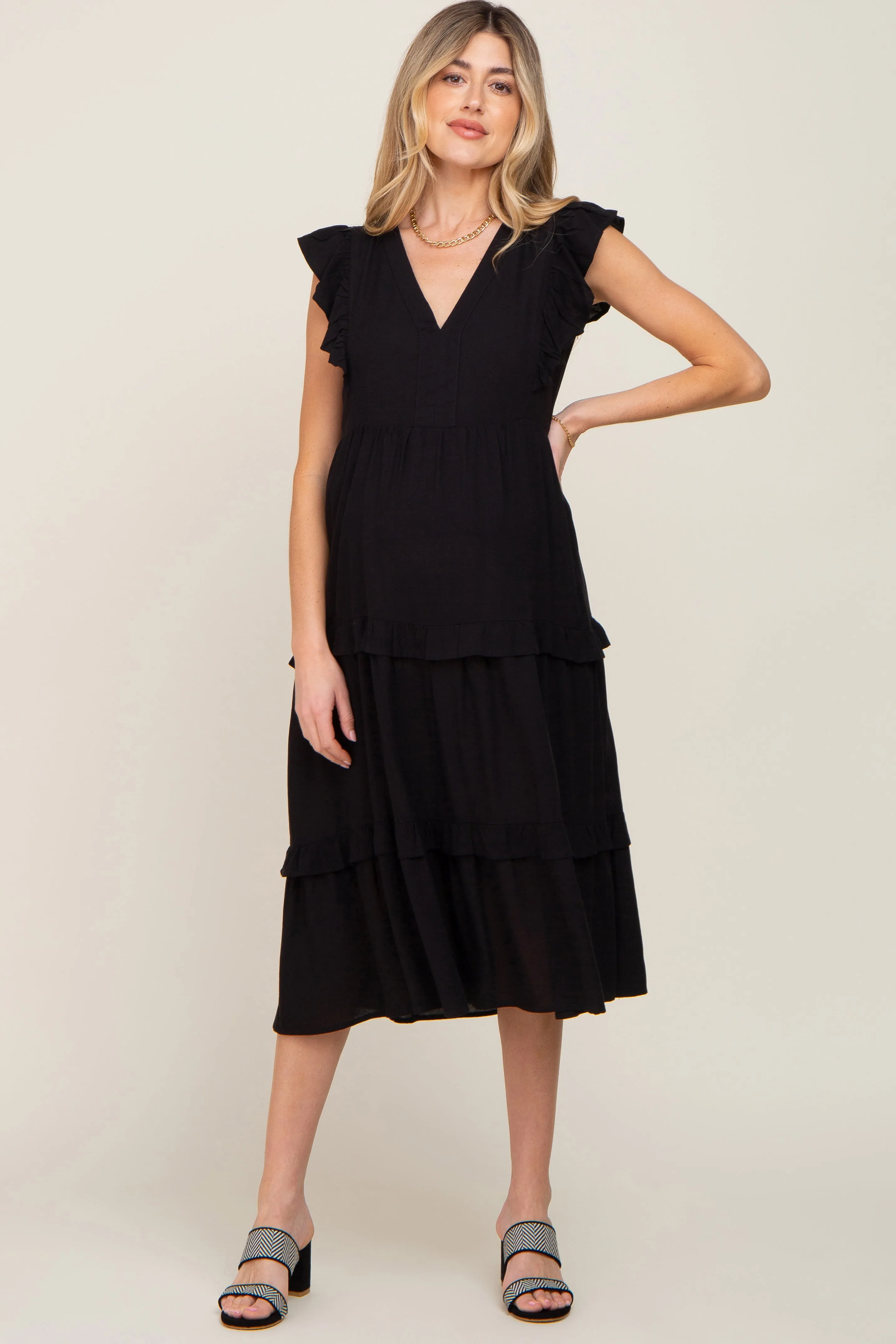 Black Ruffle Accent Tiered Maternity Midi Dress sold by Pinkblush