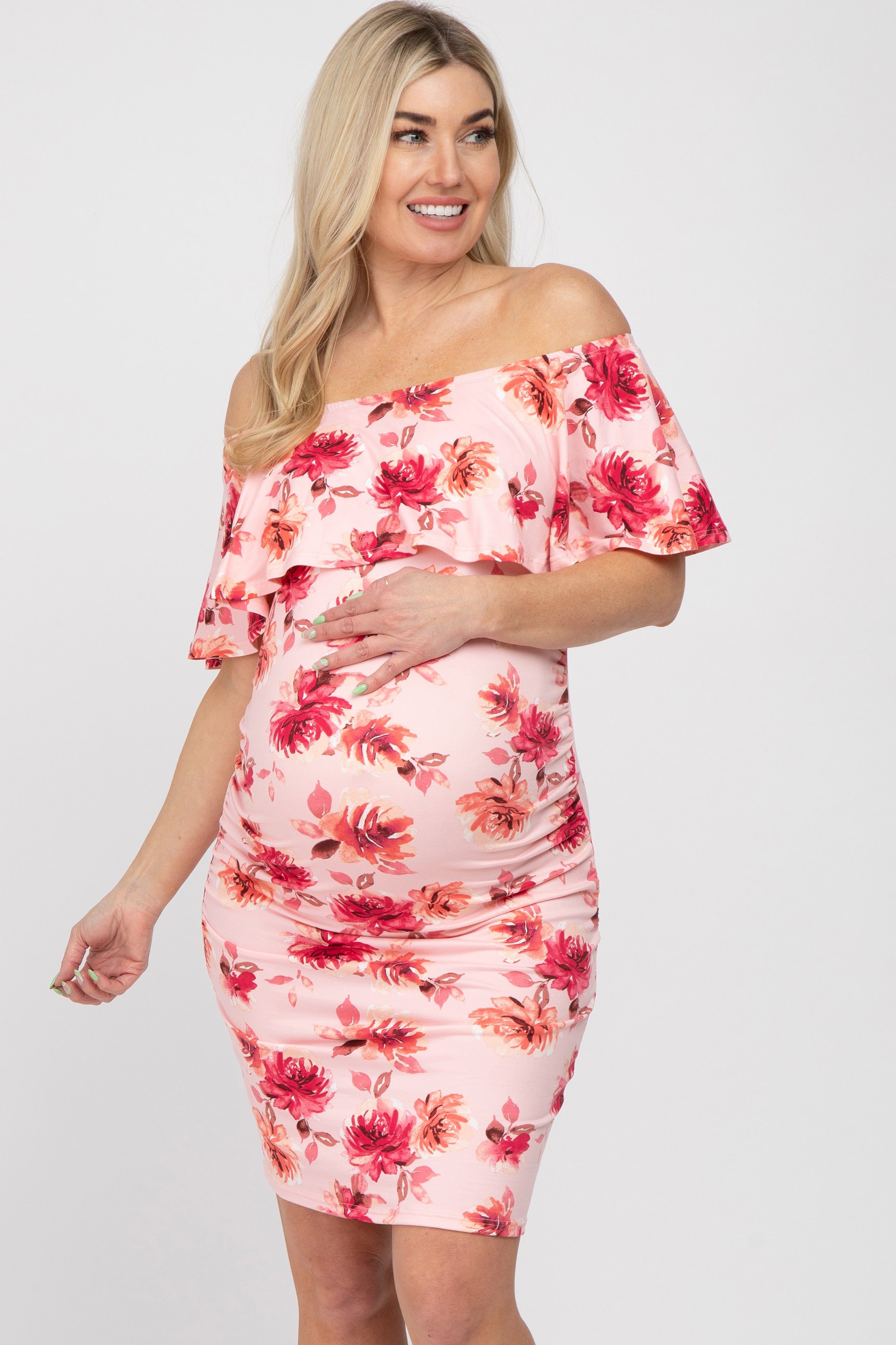 Pink Floral Off Shoulder Maternity Fitted Dress sold by Pinkblush