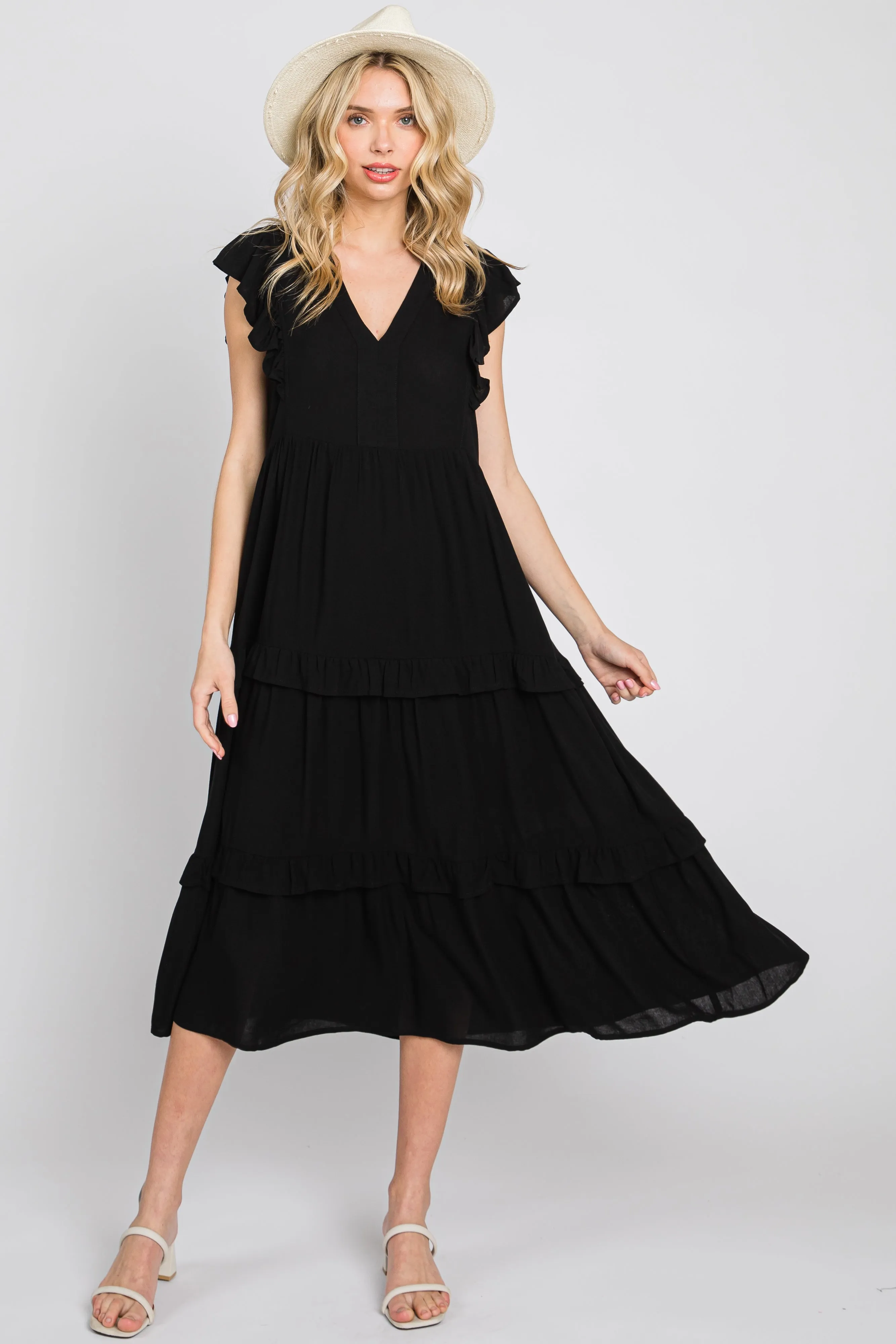 Black Ruffle Accent Tiered Maternity Midi Dress sold by Pinkblush product image thumbnail 5