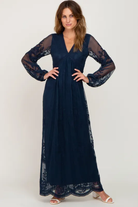 PinkBlush Navy Lace Mesh Overlay Long Sleeve Maxi Dress sold by Pinkblush