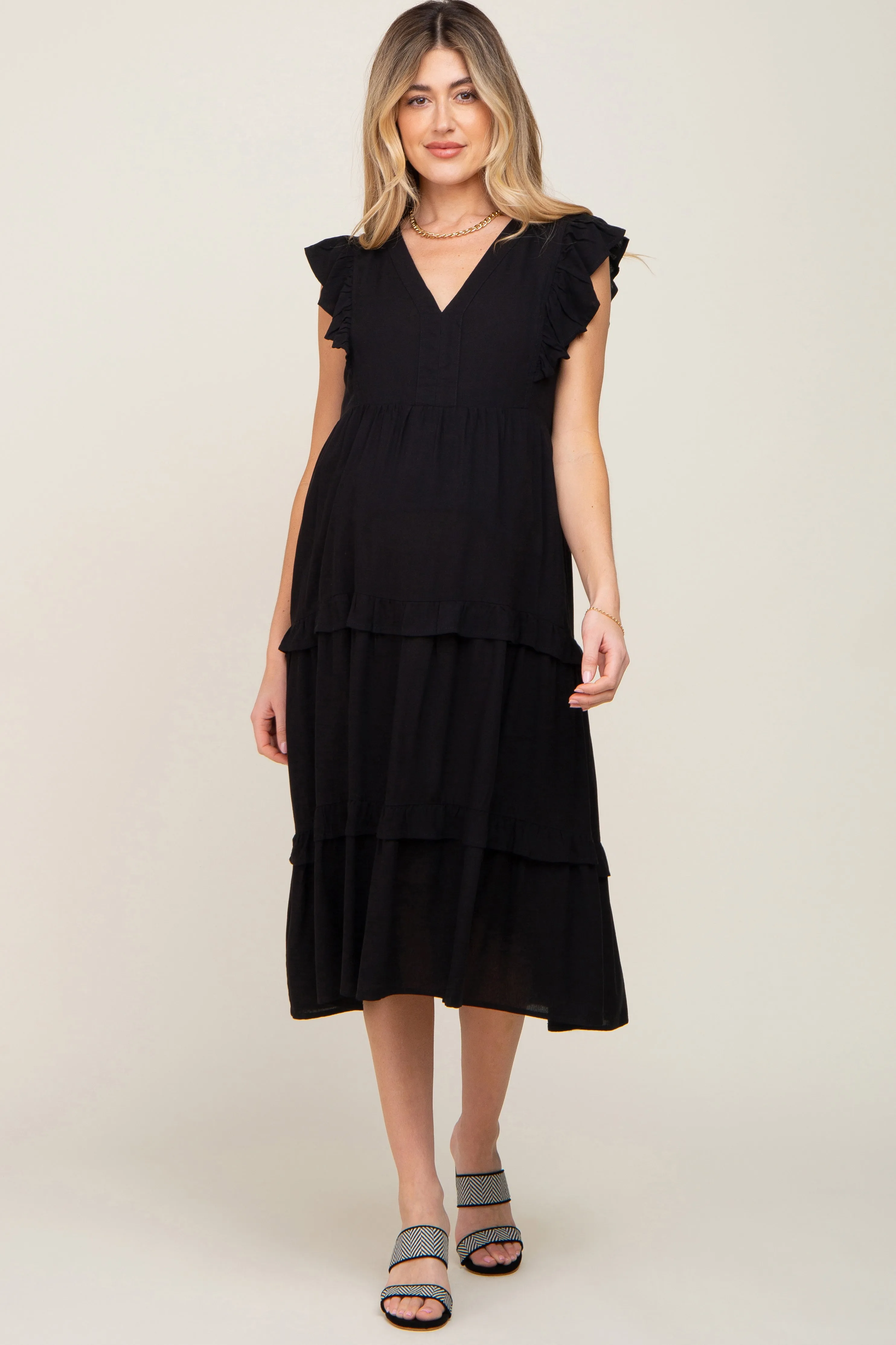 Black Ruffle Accent Tiered Maternity Midi Dress sold by Pinkblush product image thumbnail 2