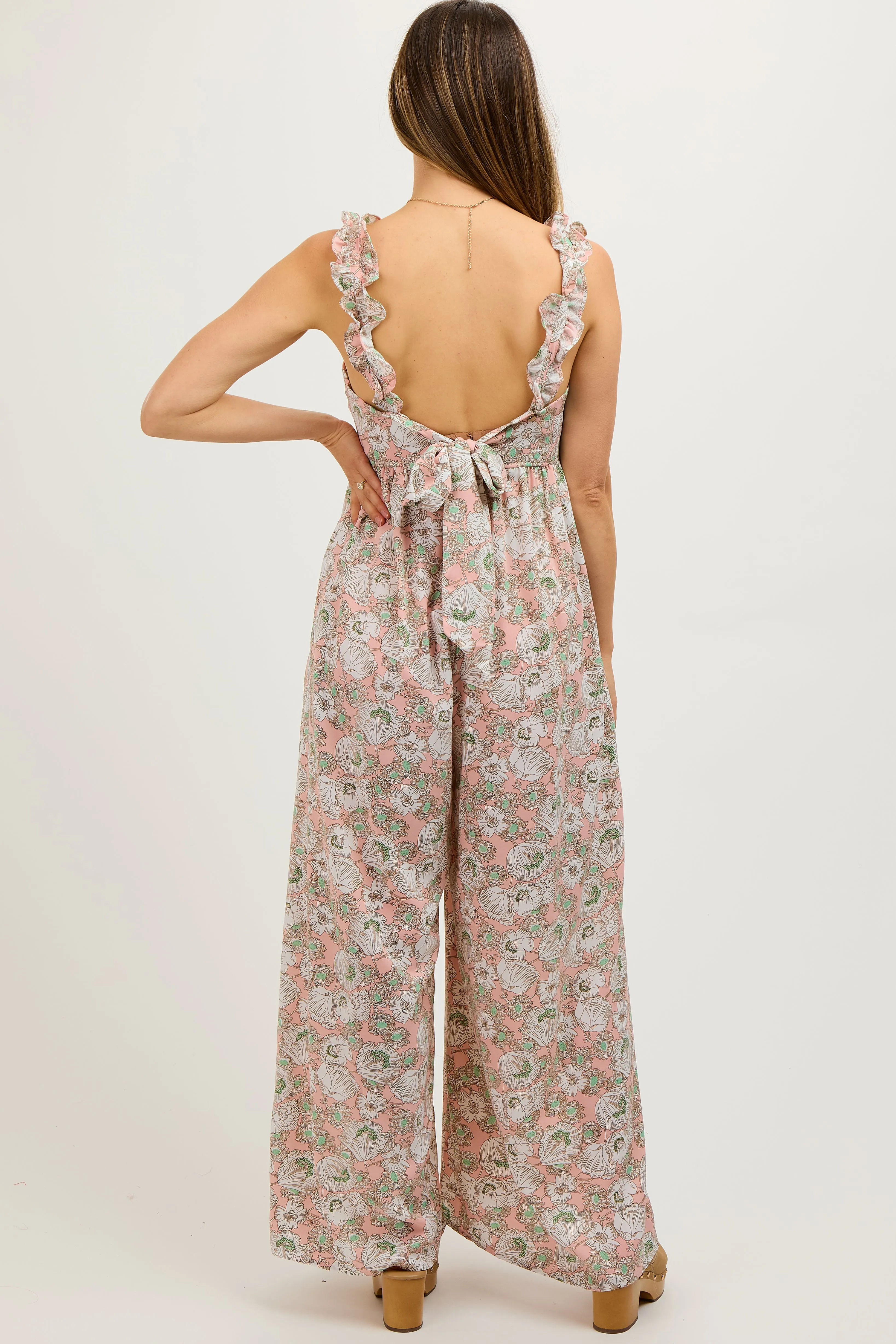 Light Pink Floral Sleeveless Tie Back Maternity Jumpsuit sold by Pinkblush product image thumbnail 4