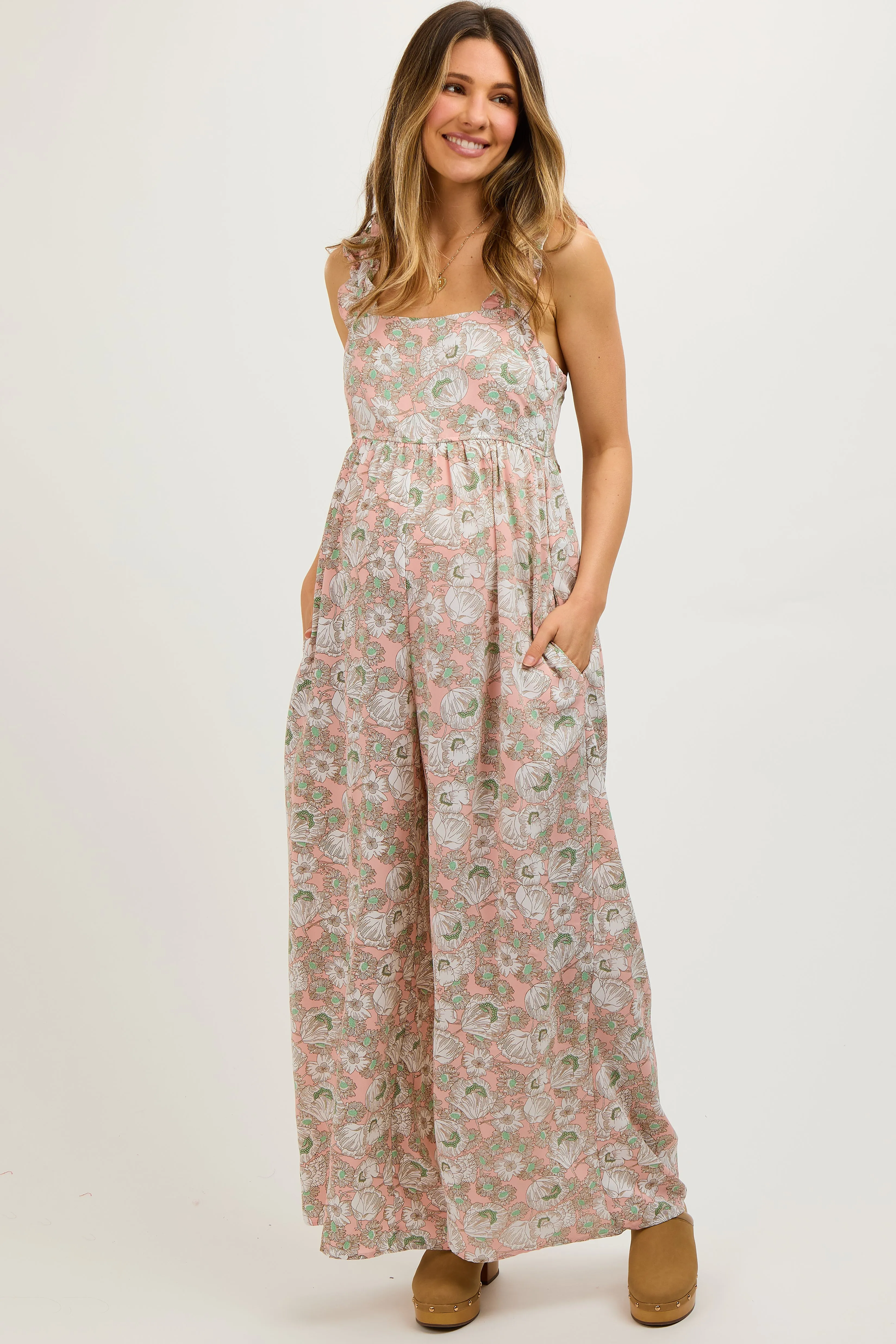 Light Pink Floral Sleeveless Tie Back Maternity Jumpsuit sold by Pinkblush