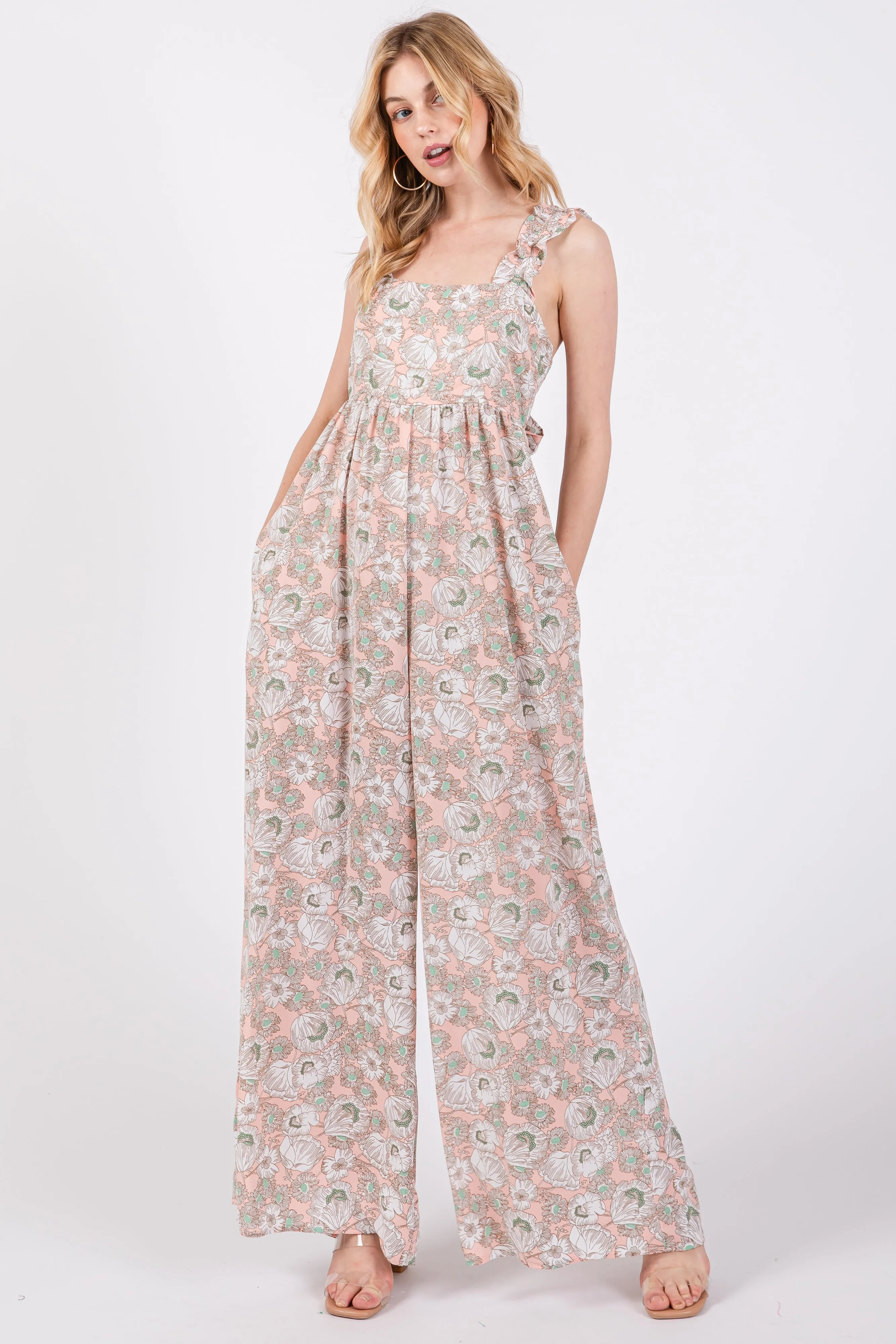 Light Pink Floral Sleeveless Tie Back Maternity Jumpsuit sold by Pinkblush product image thumbnail 5