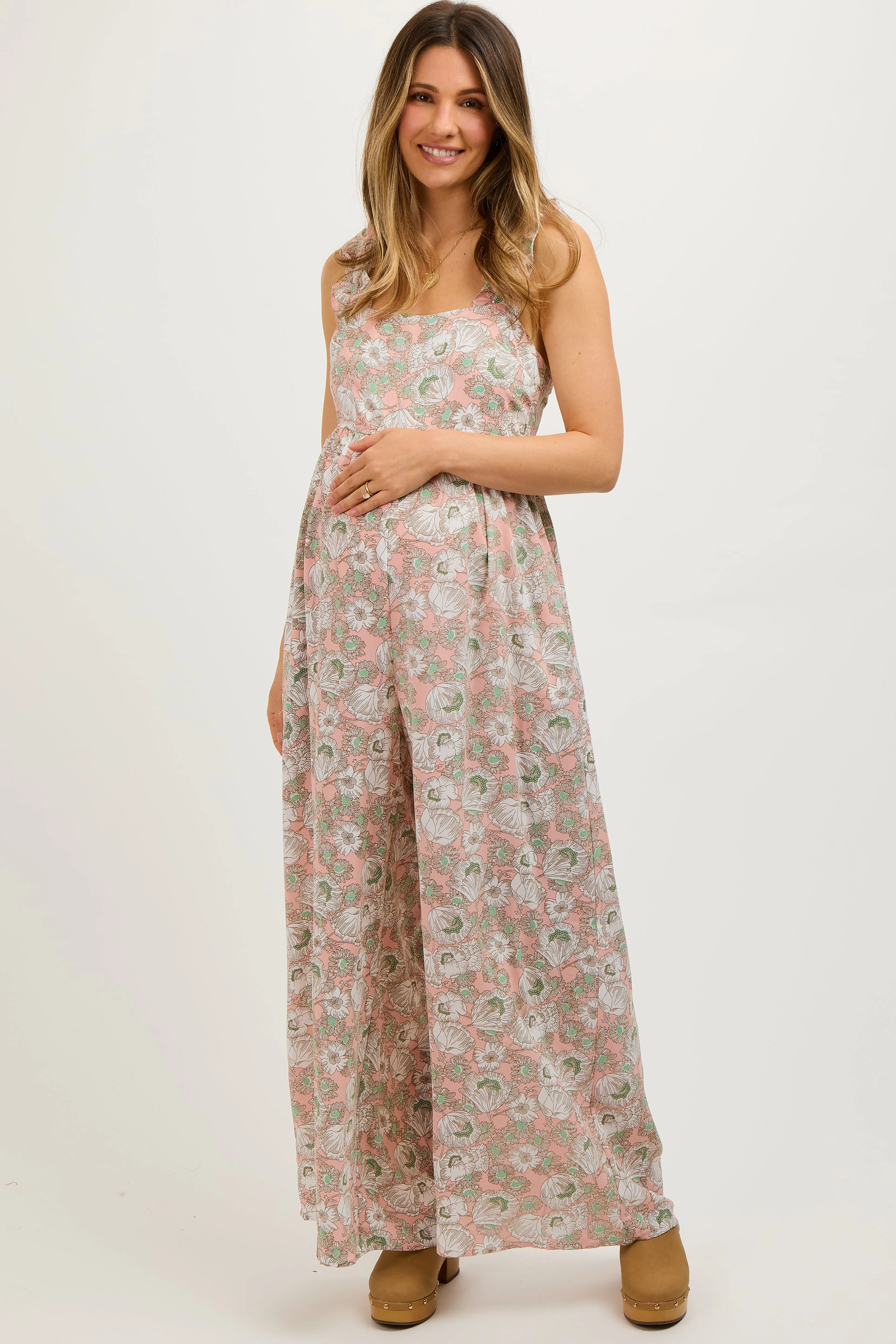 Light Pink Floral Sleeveless Tie Back Maternity Jumpsuit sold by Pinkblush product image thumbnail 2