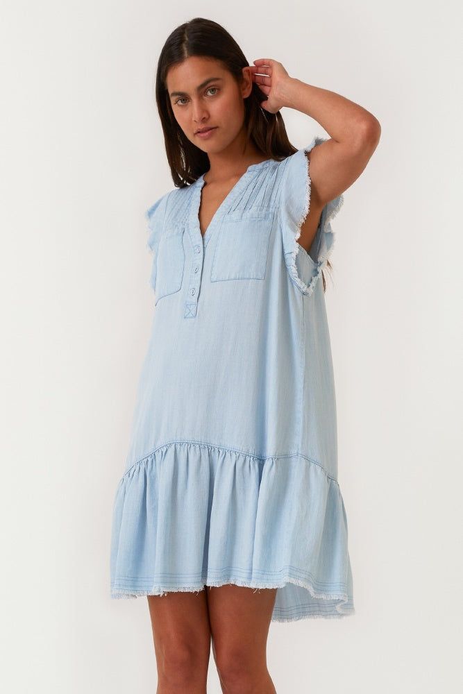 Faded Blue Frayed Edge Flutter Sleeve Mini Shift Dress sold by Pinkblush