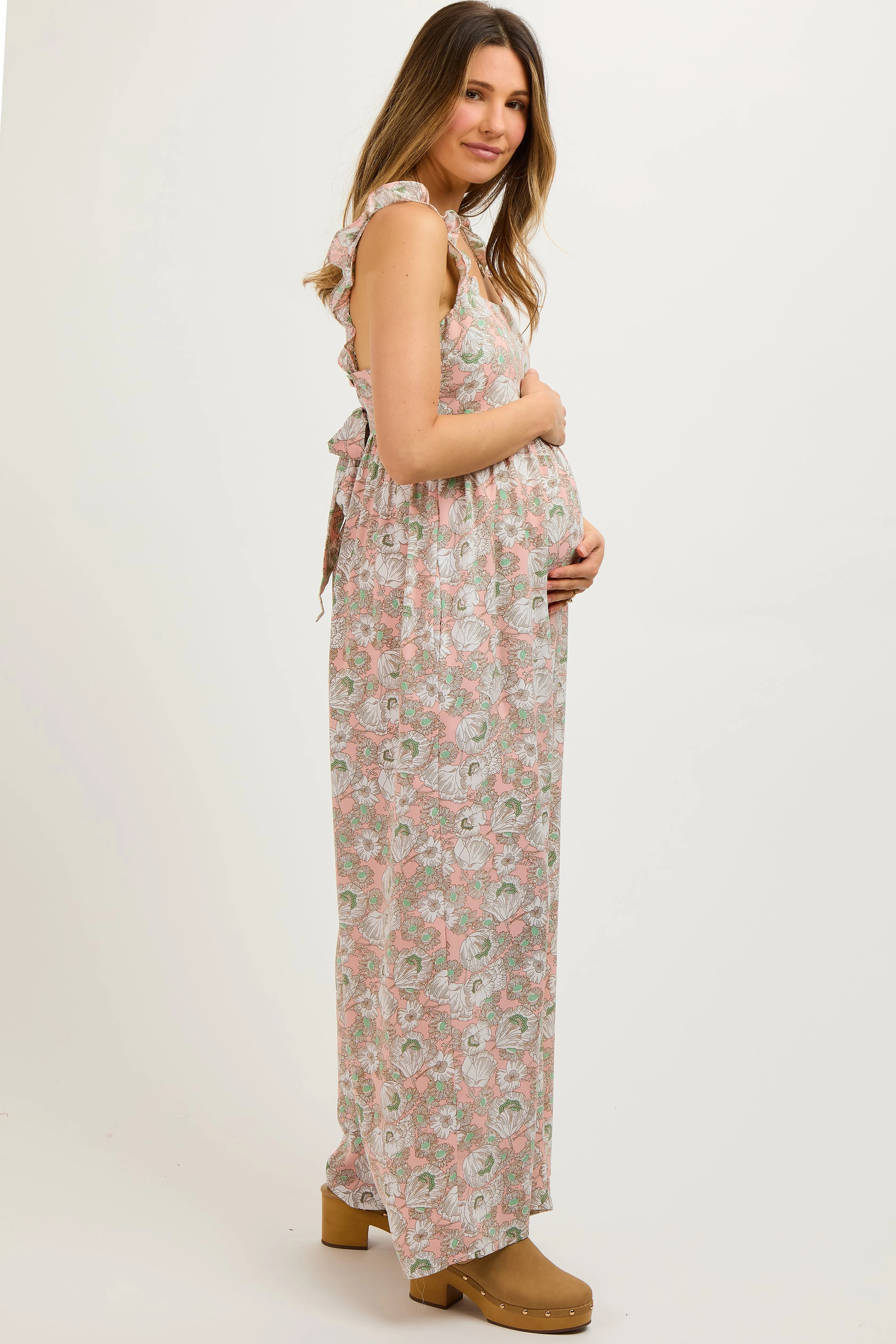 Light Pink Floral Sleeveless Tie Back Maternity Jumpsuit sold by Pinkblush product image thumbnail 3