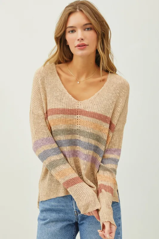 Natural Rainbow Stripe Long Sleeves Knit Sweater sold by Pinkblush