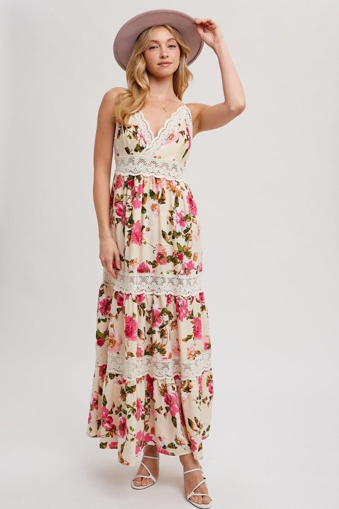 Vanilla Floral Print Tiered Lace Contrast Maxi Dress sold by Pinkblush product image thumbnail 3