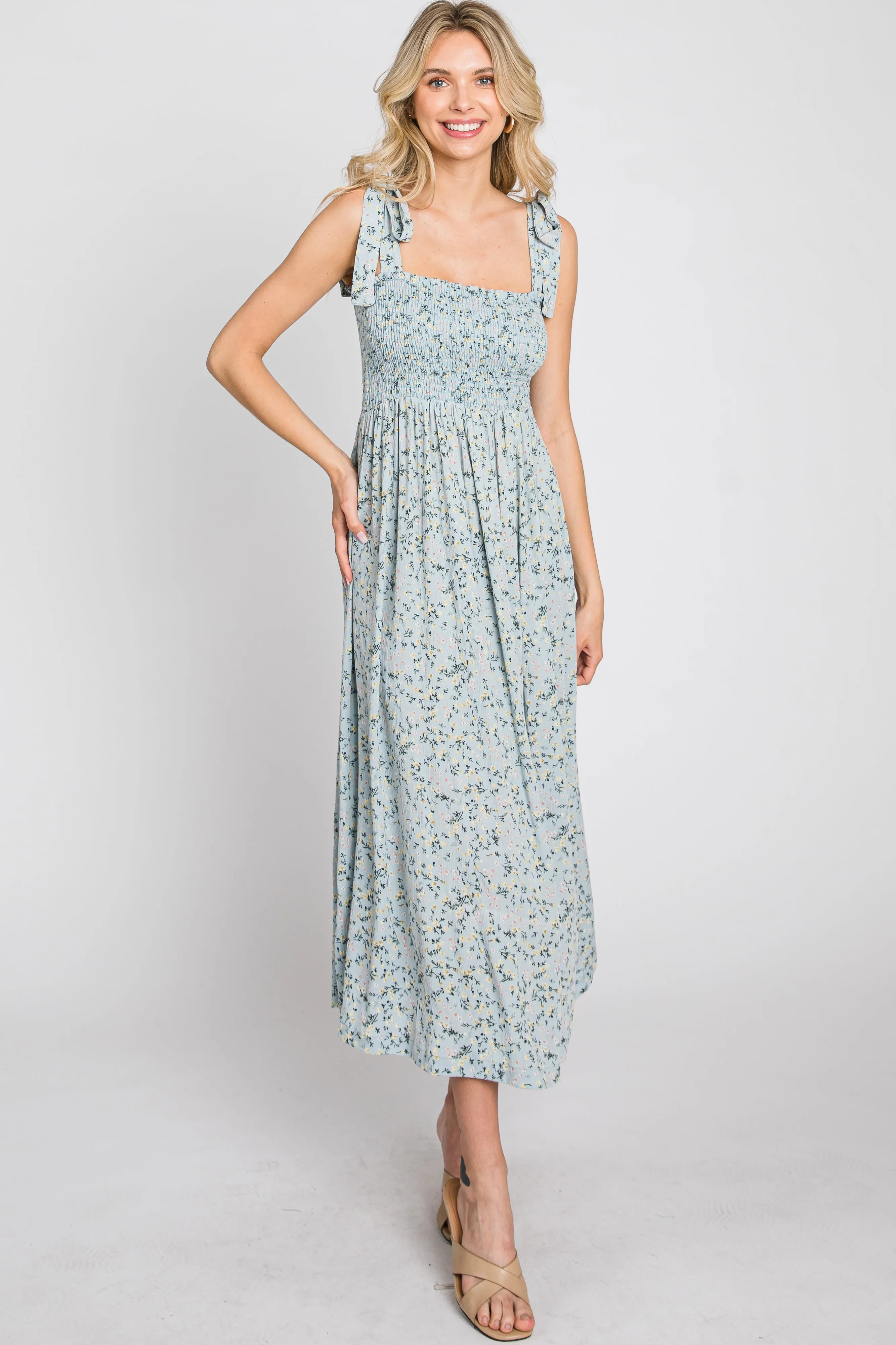 Light Blue Floral Smocked Tie Strap Midi Dress sold by Pinkblush product image thumbnail 4