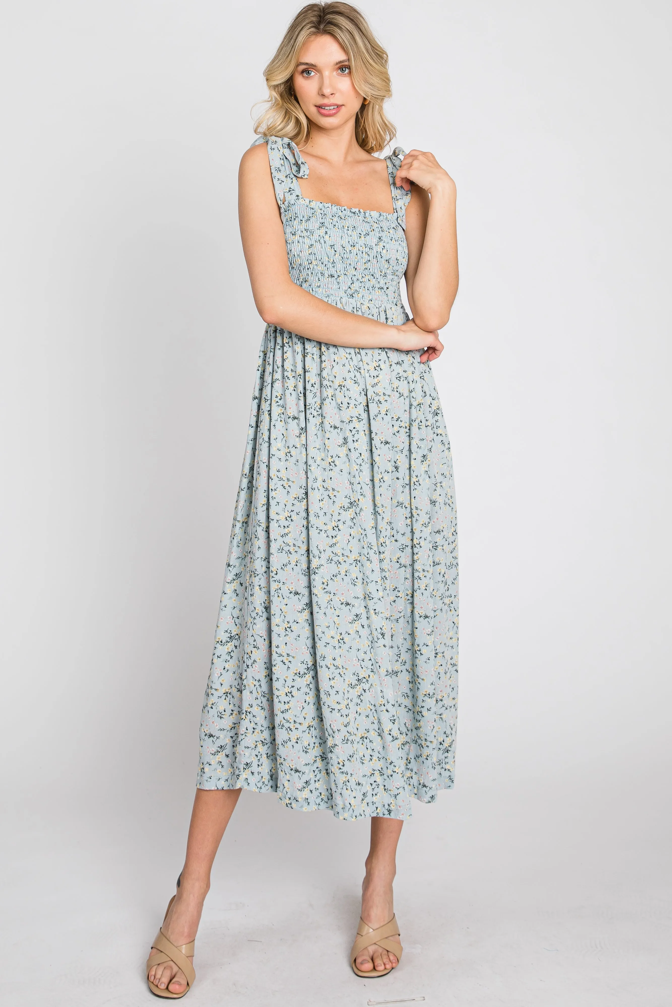 Light Blue Floral Smocked Tie Strap Midi Dress sold by Pinkblush