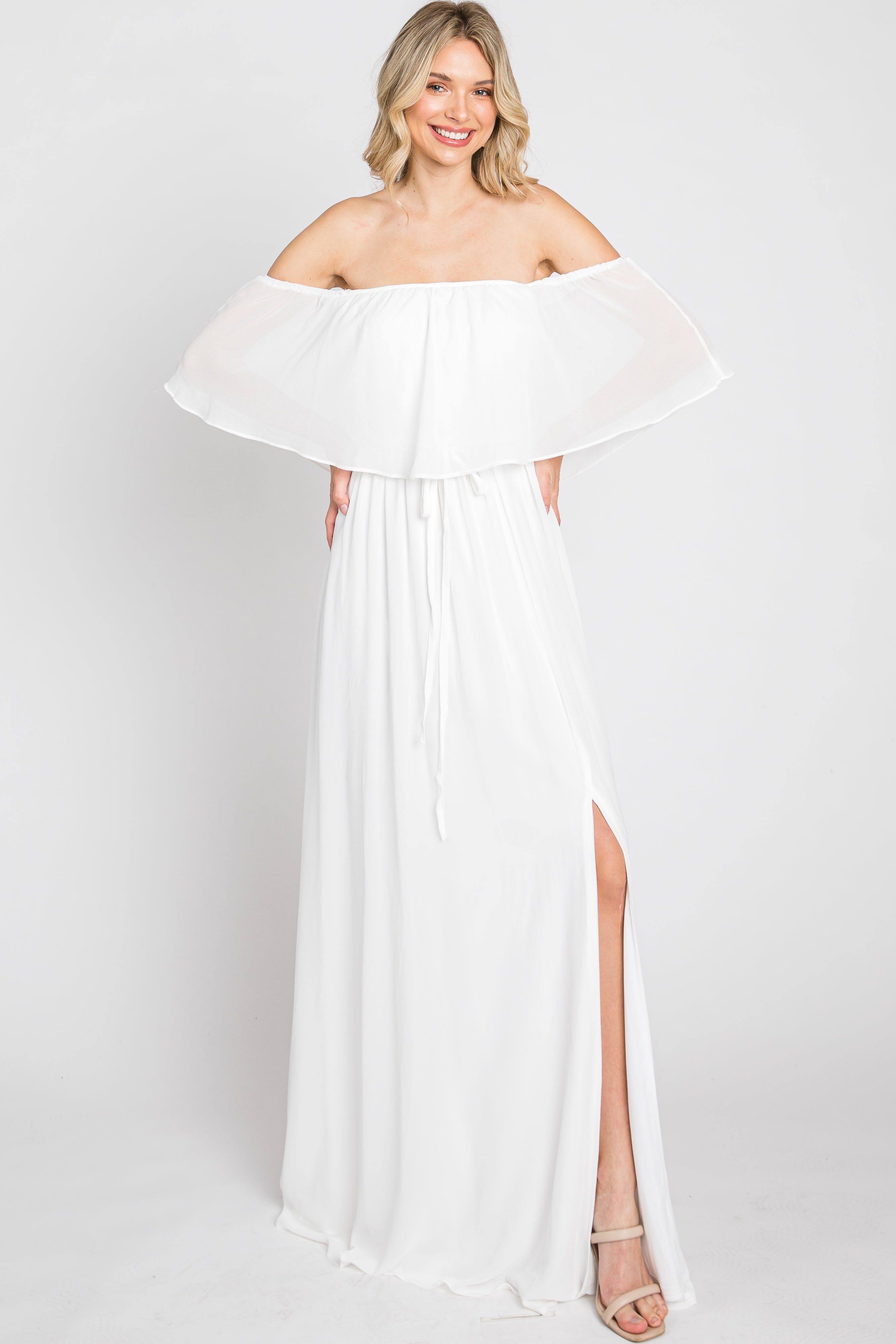 Ivory Chiffon Off Shoulder Maxi Dress sold by Pinkblush product image thumbnail 2