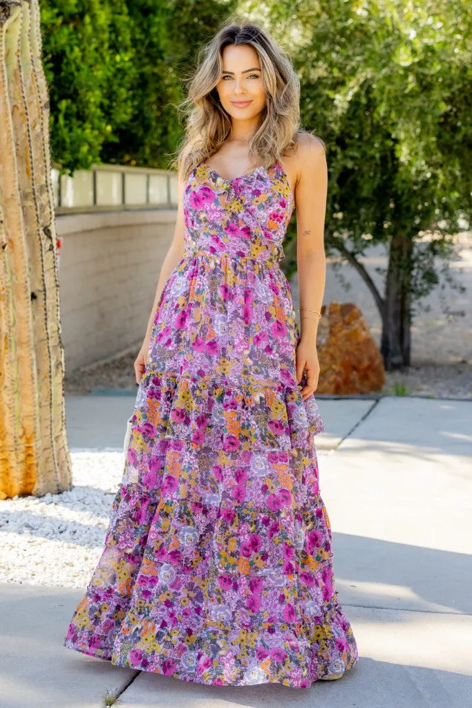 Lavender Floral Print Chiffon Maxi Dress sold by Pinkblush