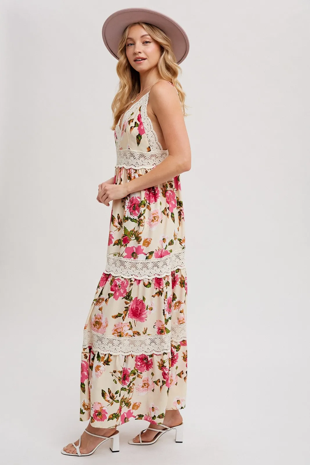 Vanilla Floral Print Tiered Lace Contrast Maxi Dress sold by Pinkblush product image thumbnail 2
