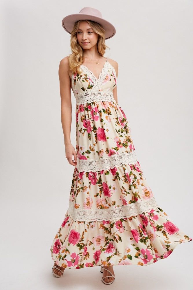 Vanilla Floral Print Tiered Lace Contrast Maxi Dress sold by Pinkblush