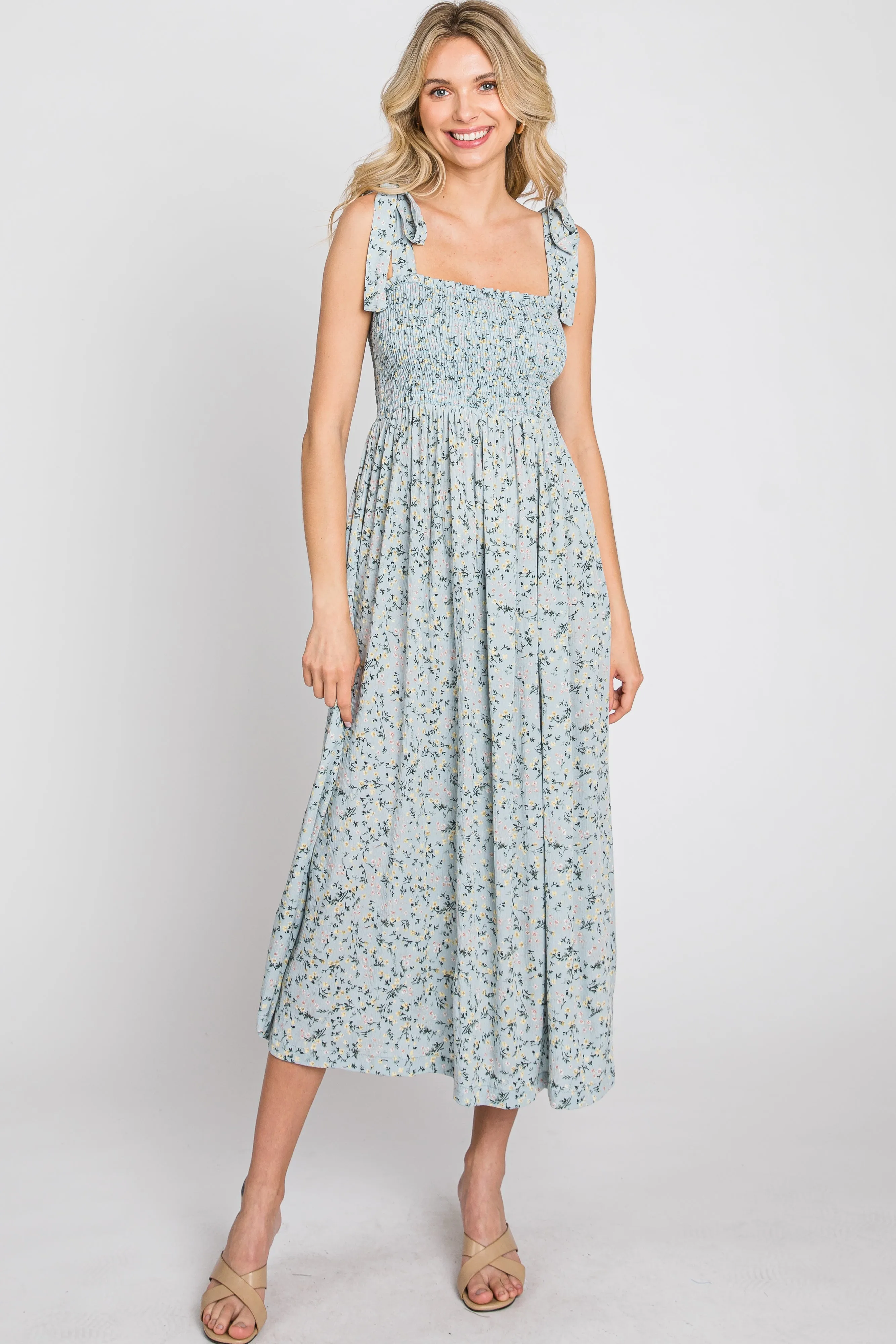 Light Blue Floral Smocked Tie Strap Midi Dress sold by Pinkblush product image thumbnail 2